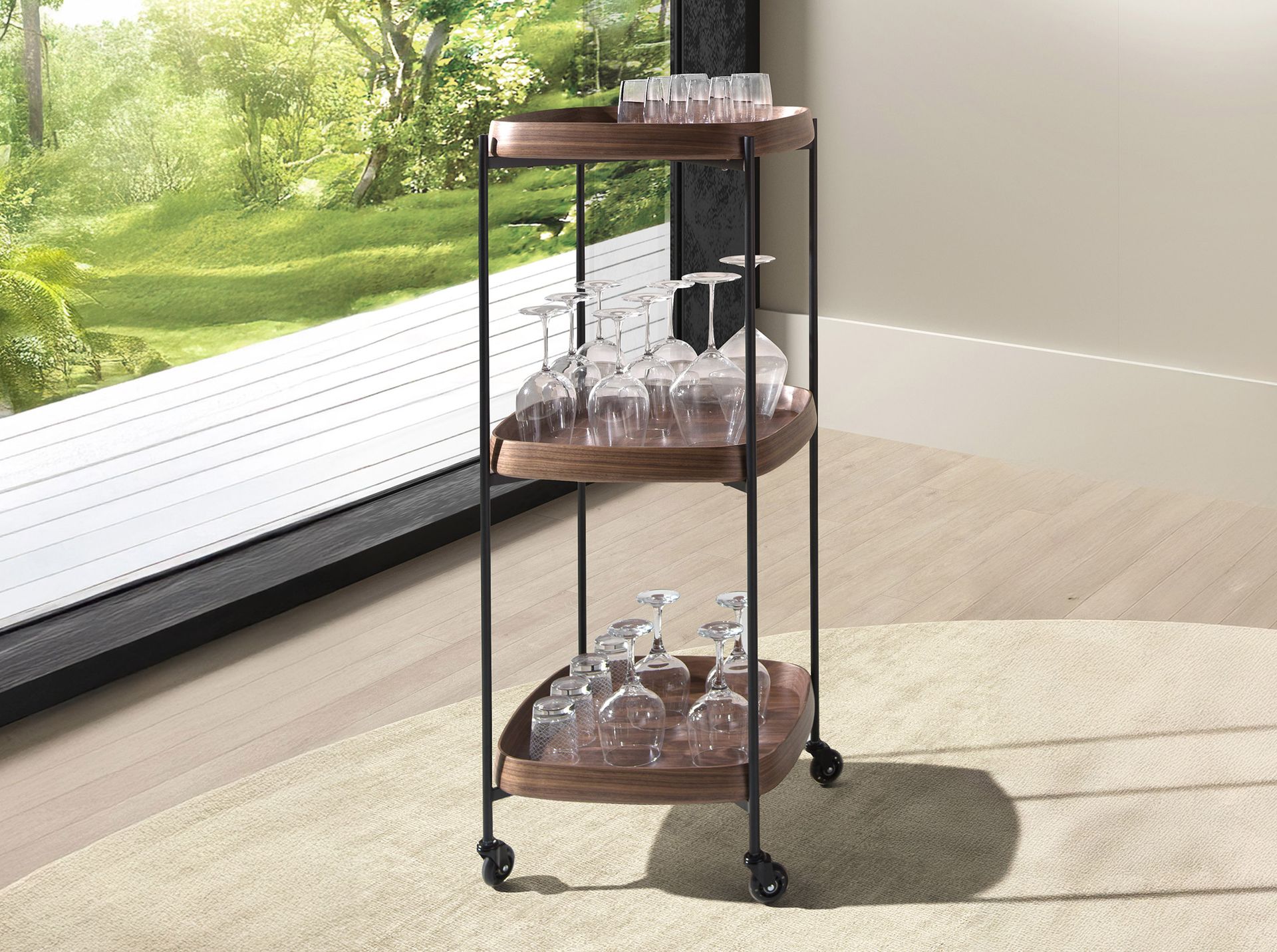 Walnut minibar trolley with black steel