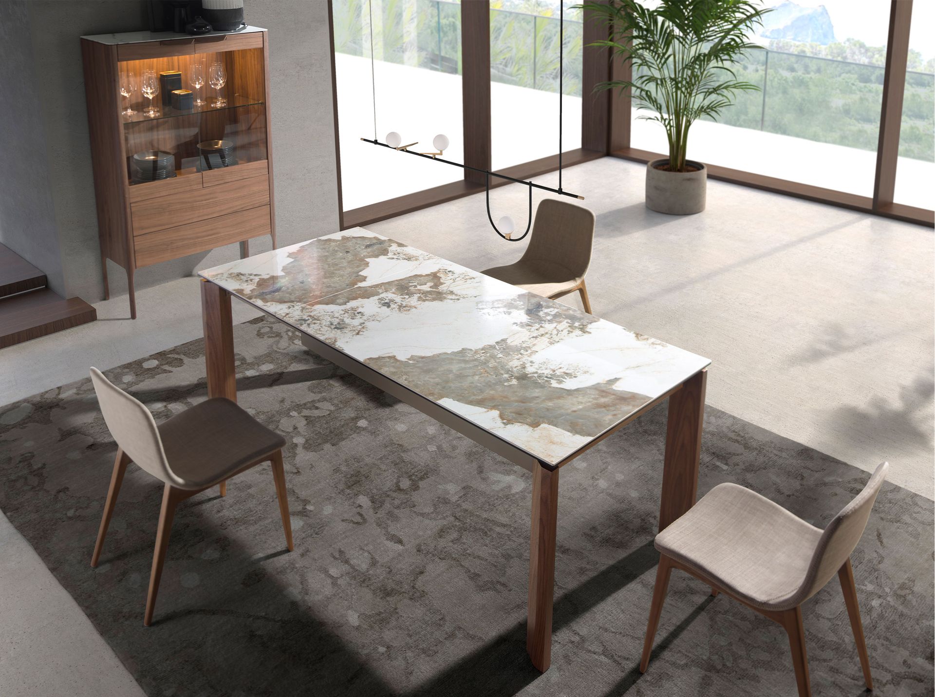 Walnut high sideboard with imitation marble glass top and interior lighting