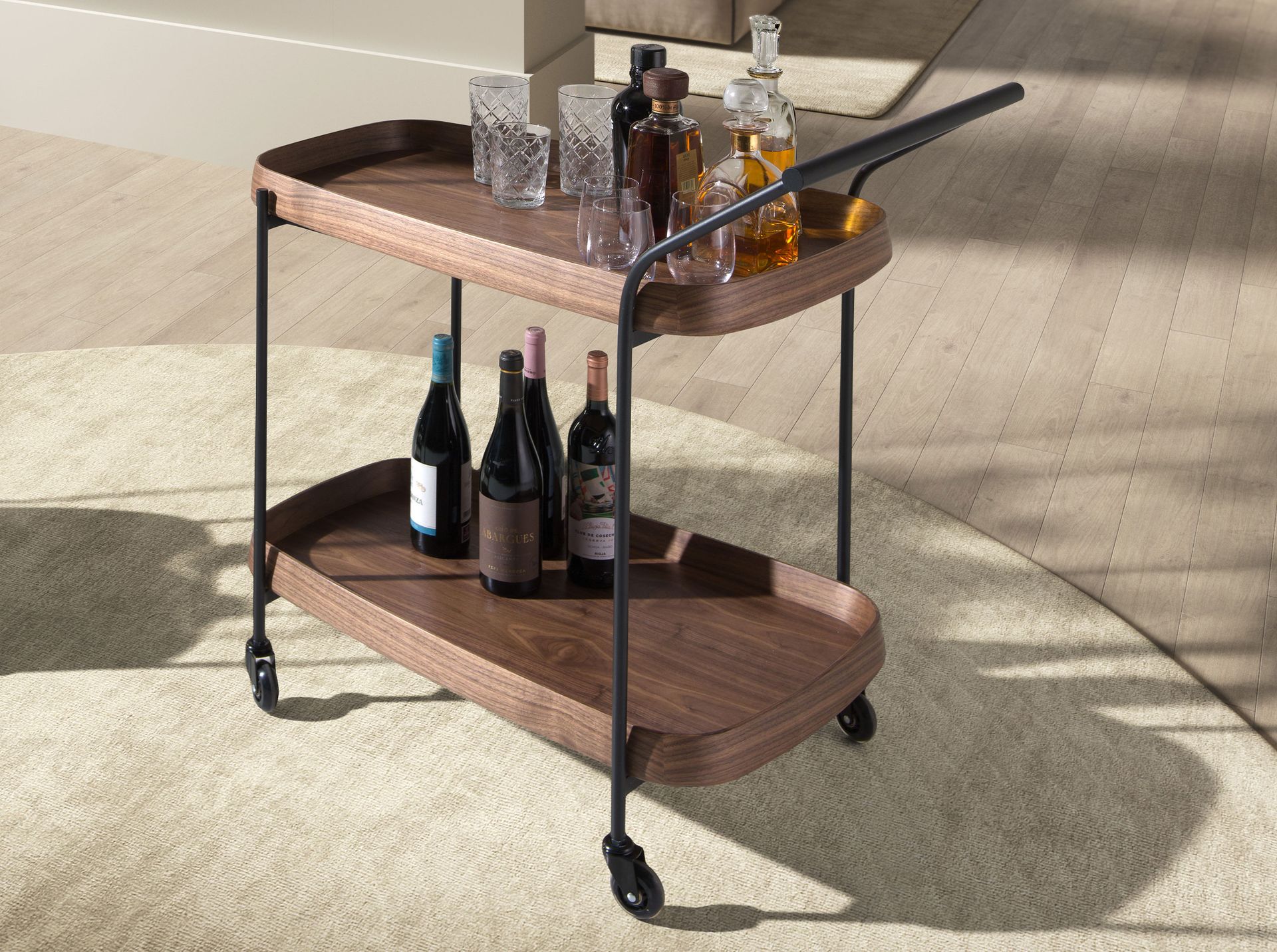 Walnut minibar trolley with black steel