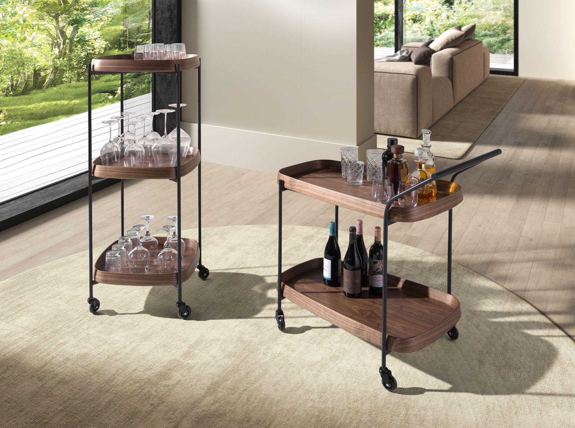 Walnut minibar trolley with black steel