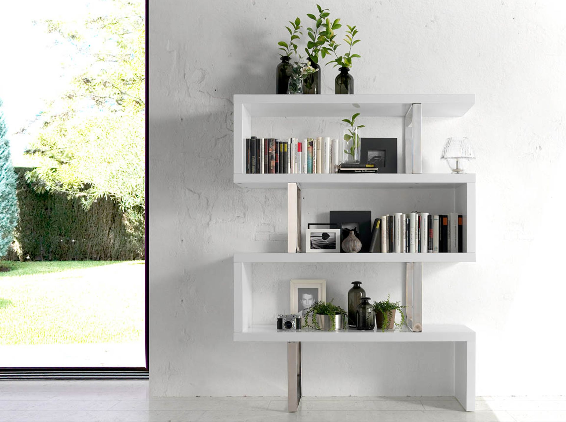 White and steel shelving