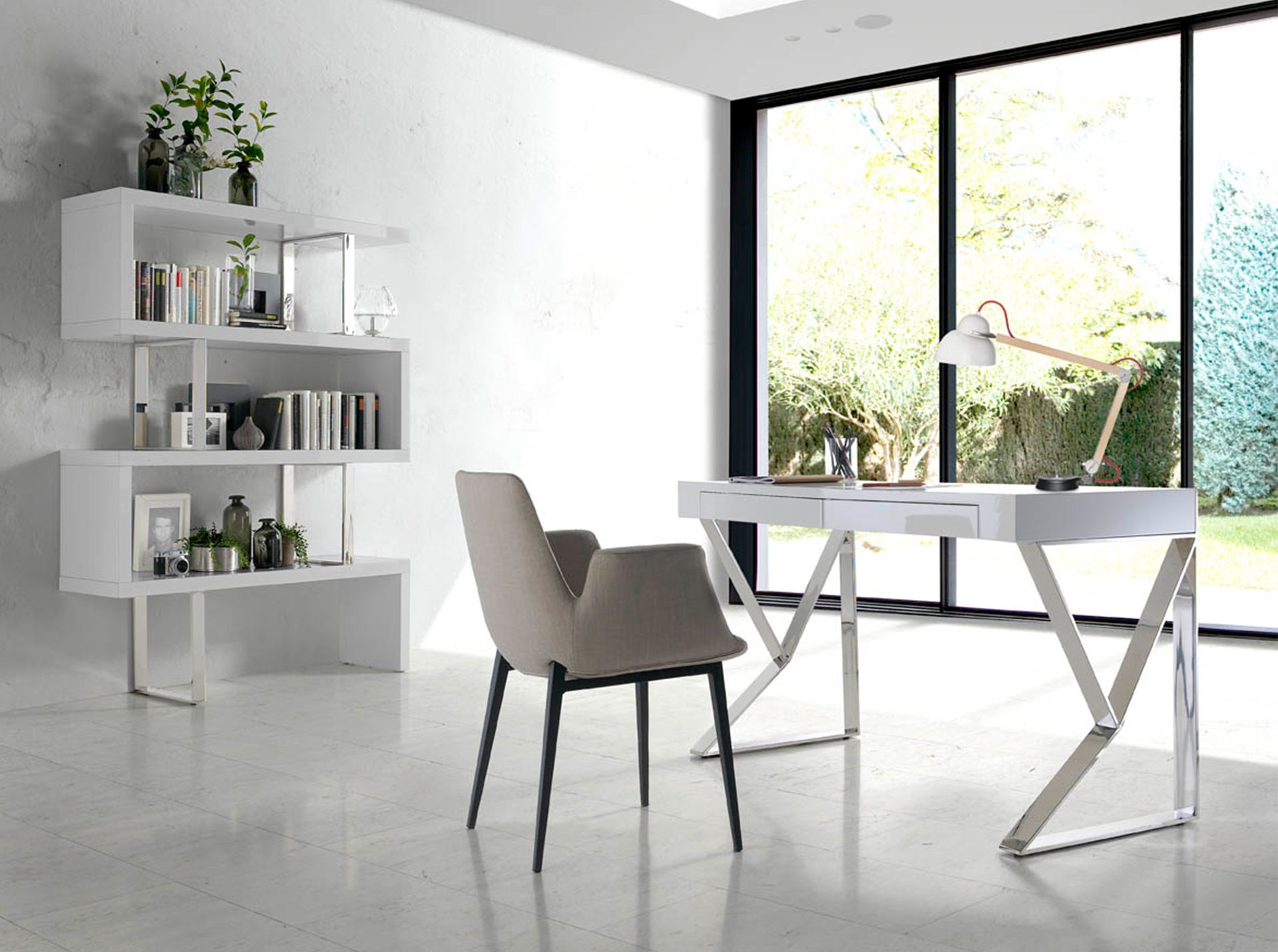White and steel shelving