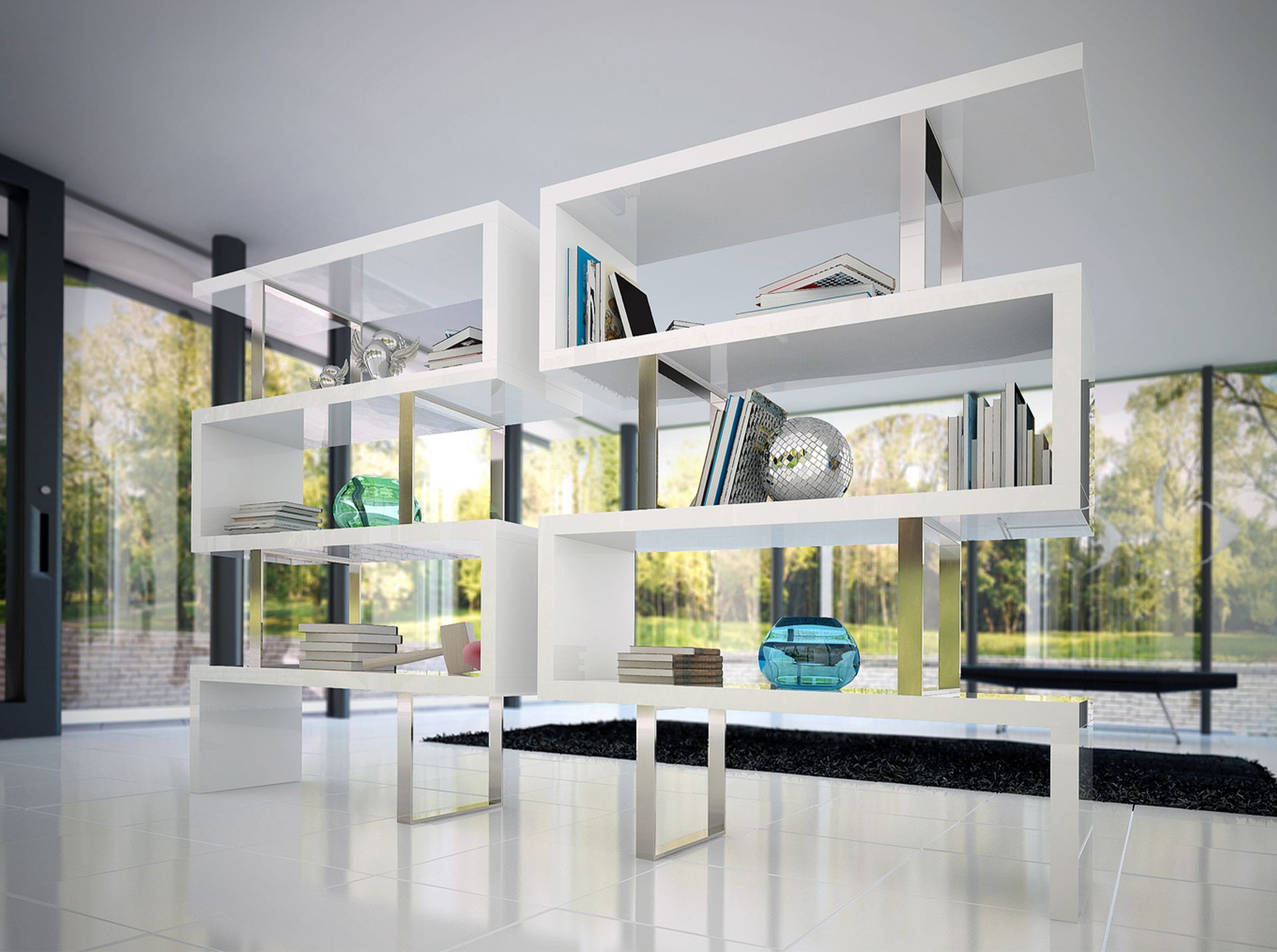 White and steel shelving