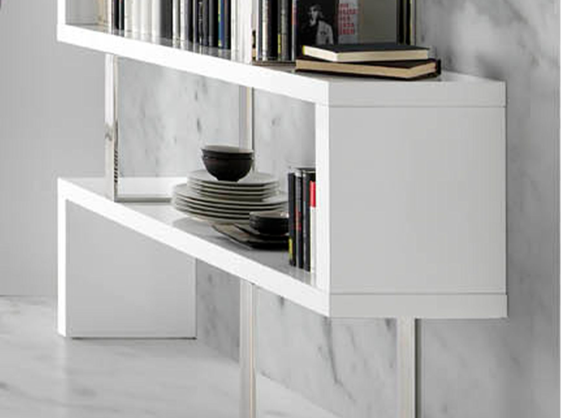 White and steel shelving