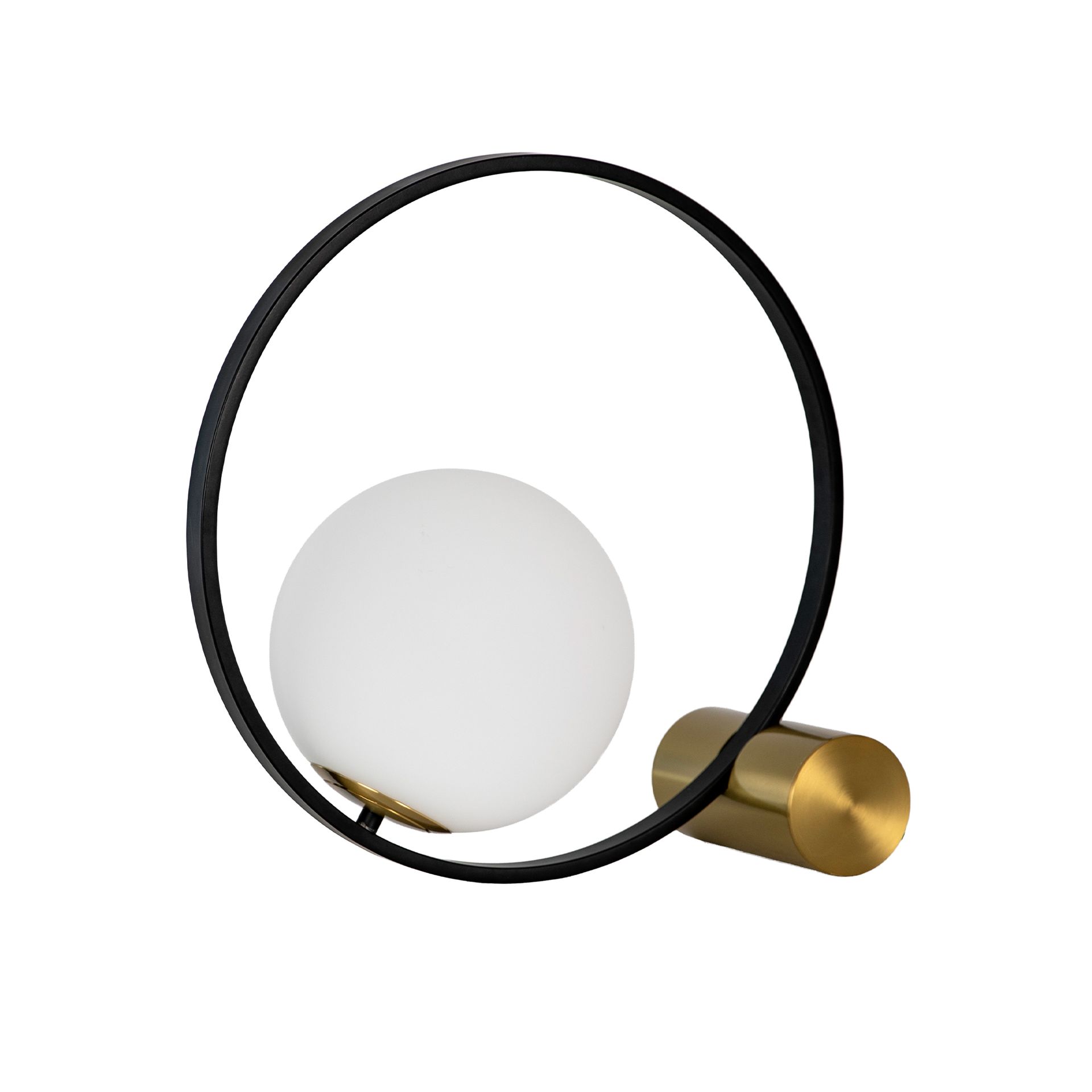 White glass and black steel table lamp with polished gold steel base