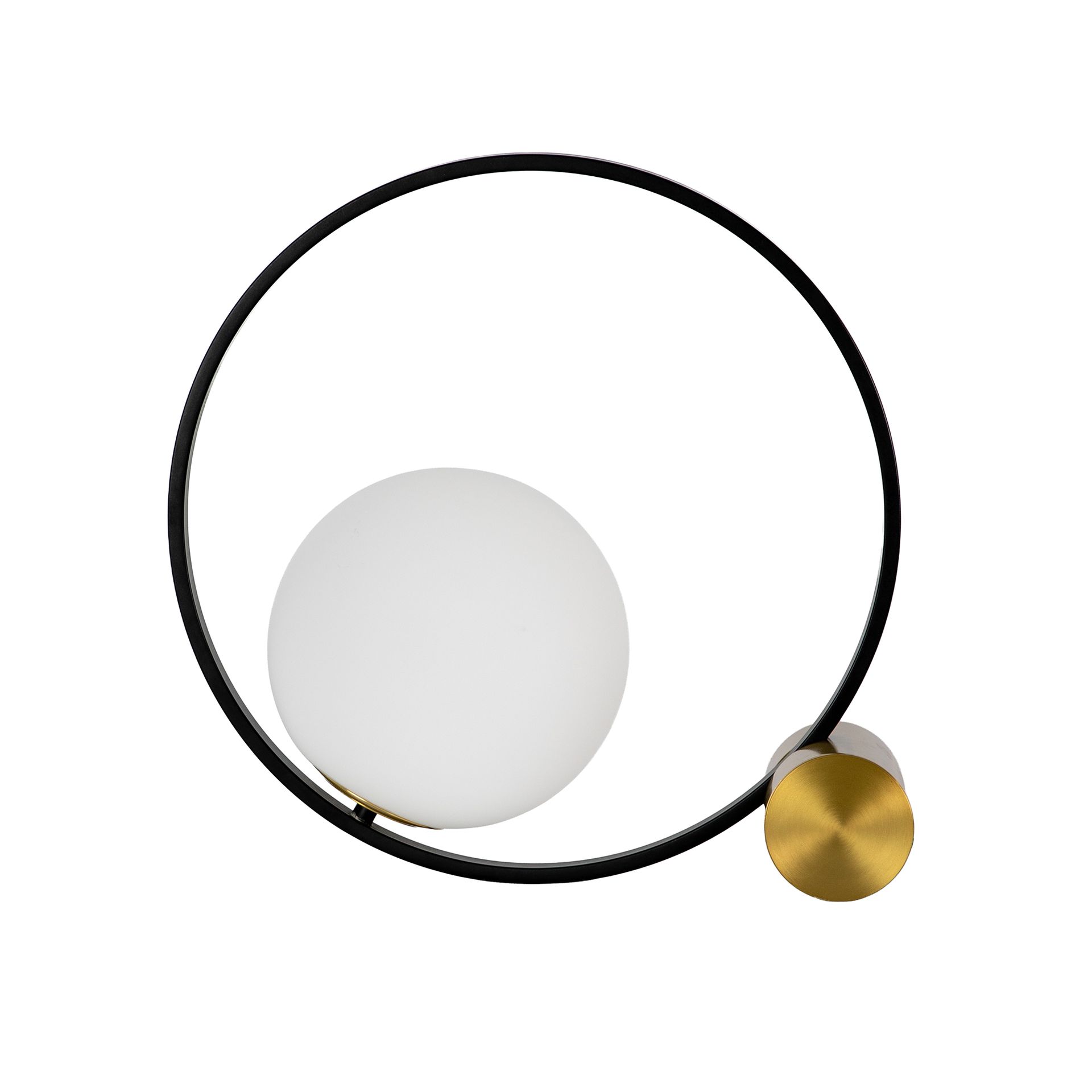 White glass and black steel table lamp with polished gold steel base