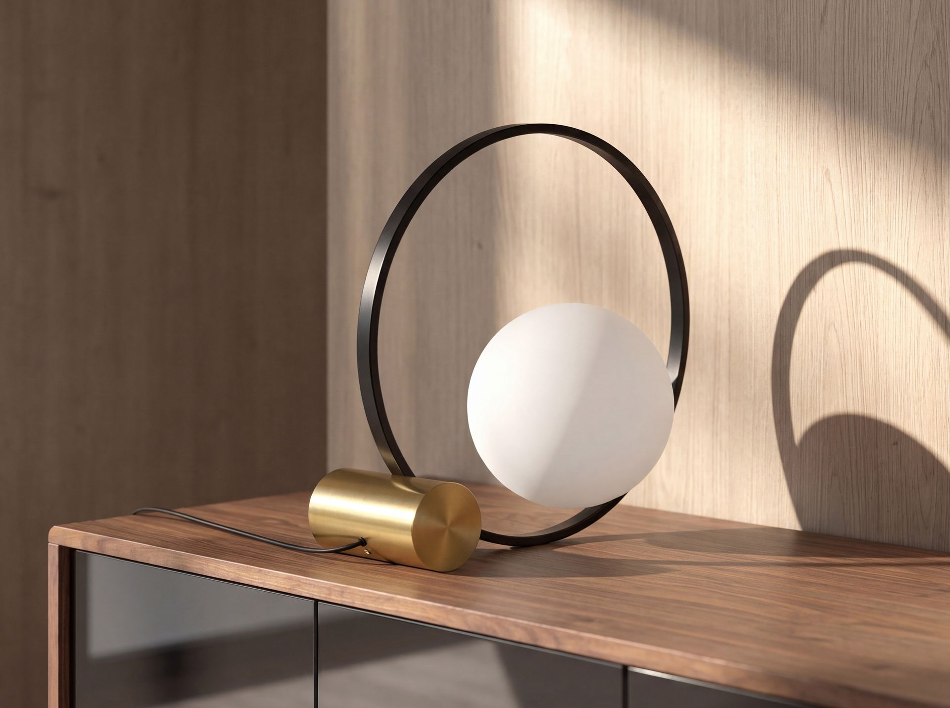 White glass and black steel table lamp with polished gold steel base