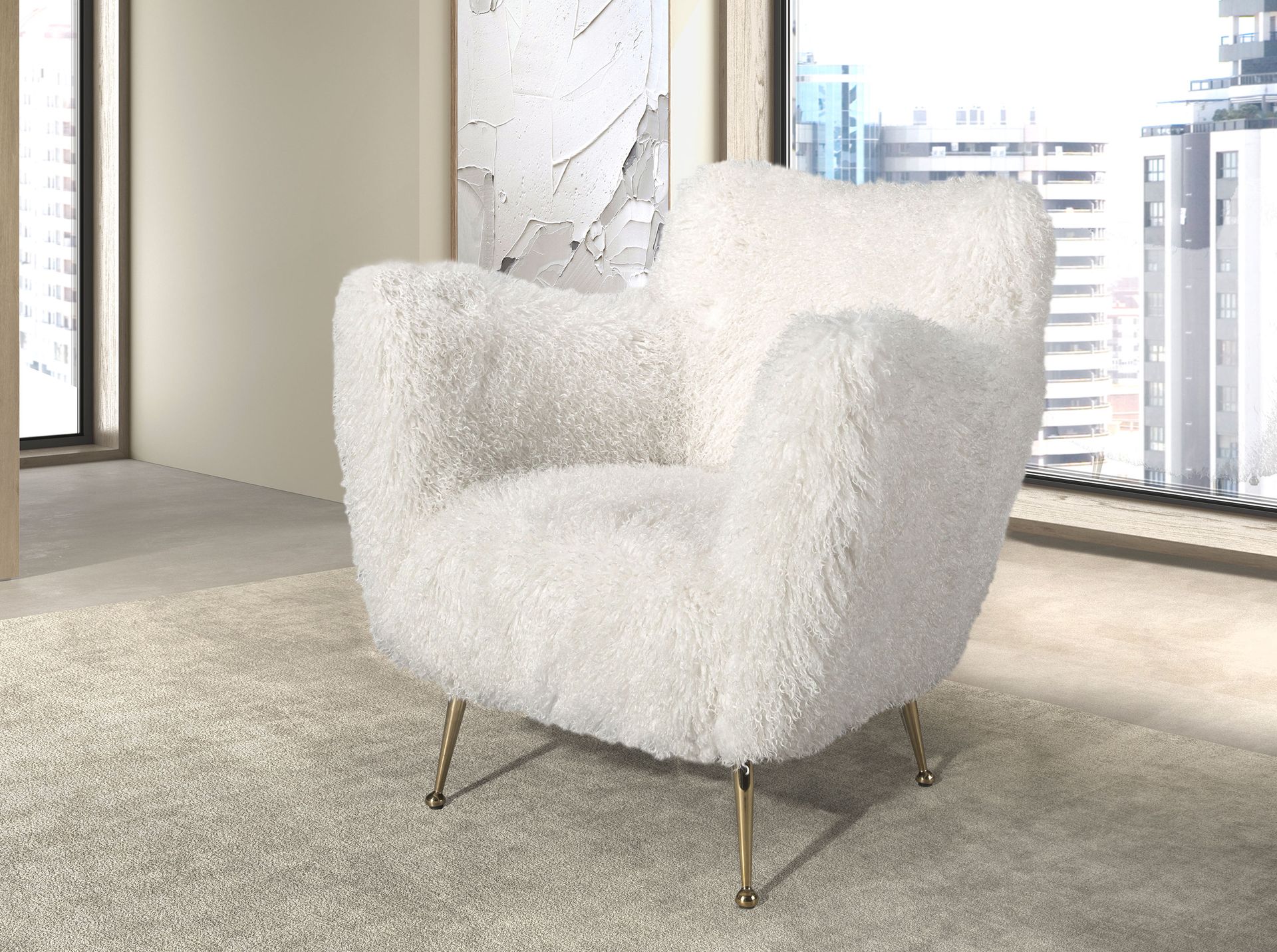 White long pile fabric armchair