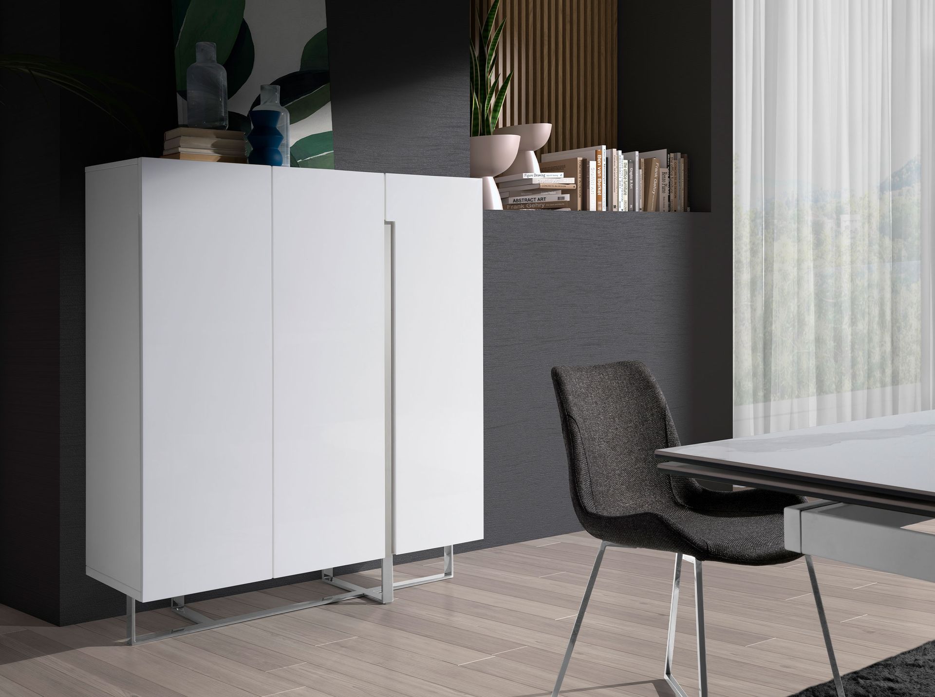 White wood and chrome-plated steel tall sideboard
