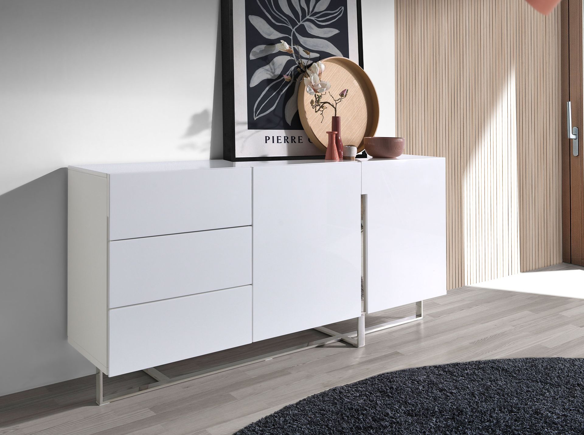 White wood and chrome-plated steel sideboard