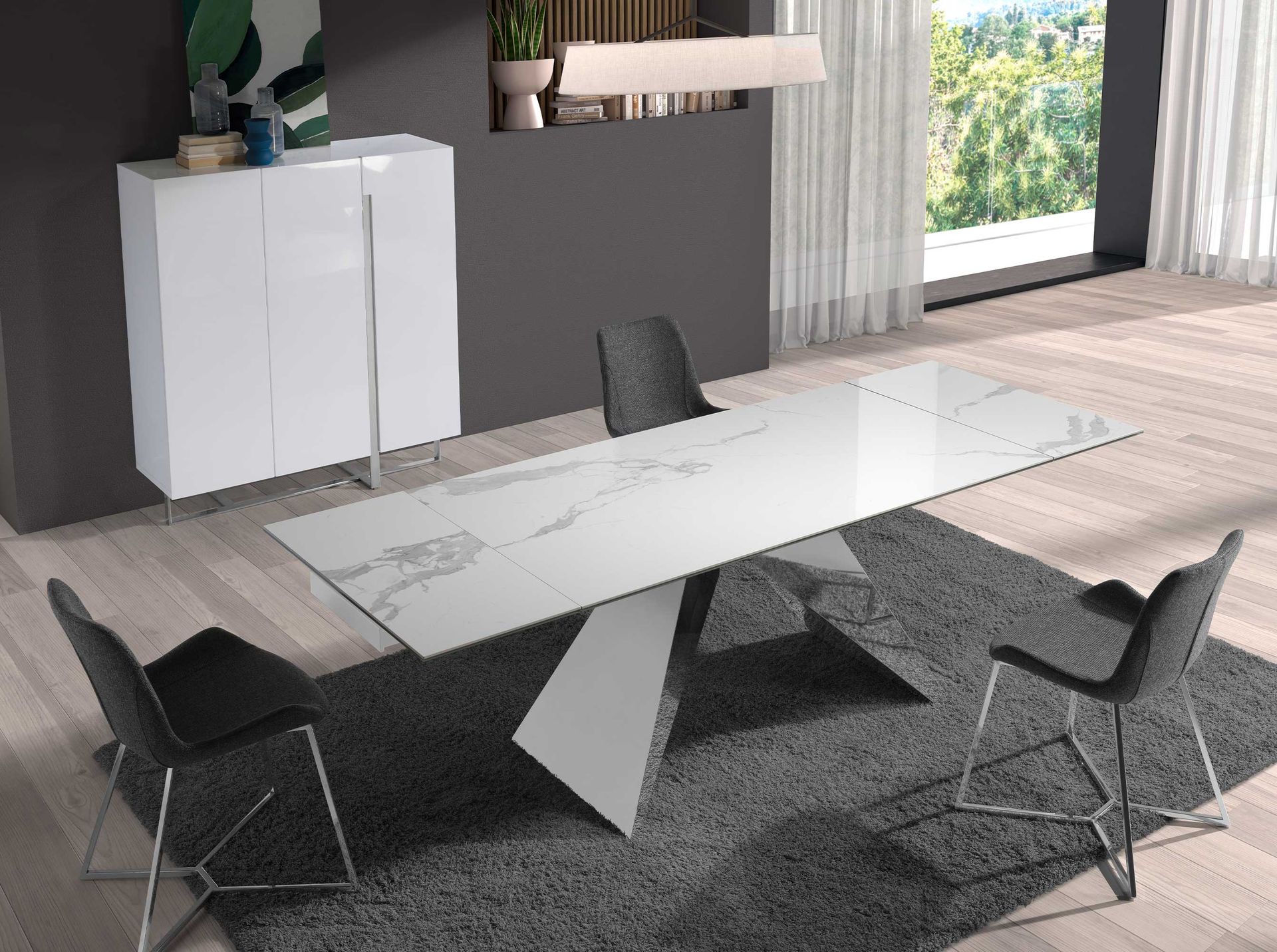 White wood and chrome-plated steel tall sideboard