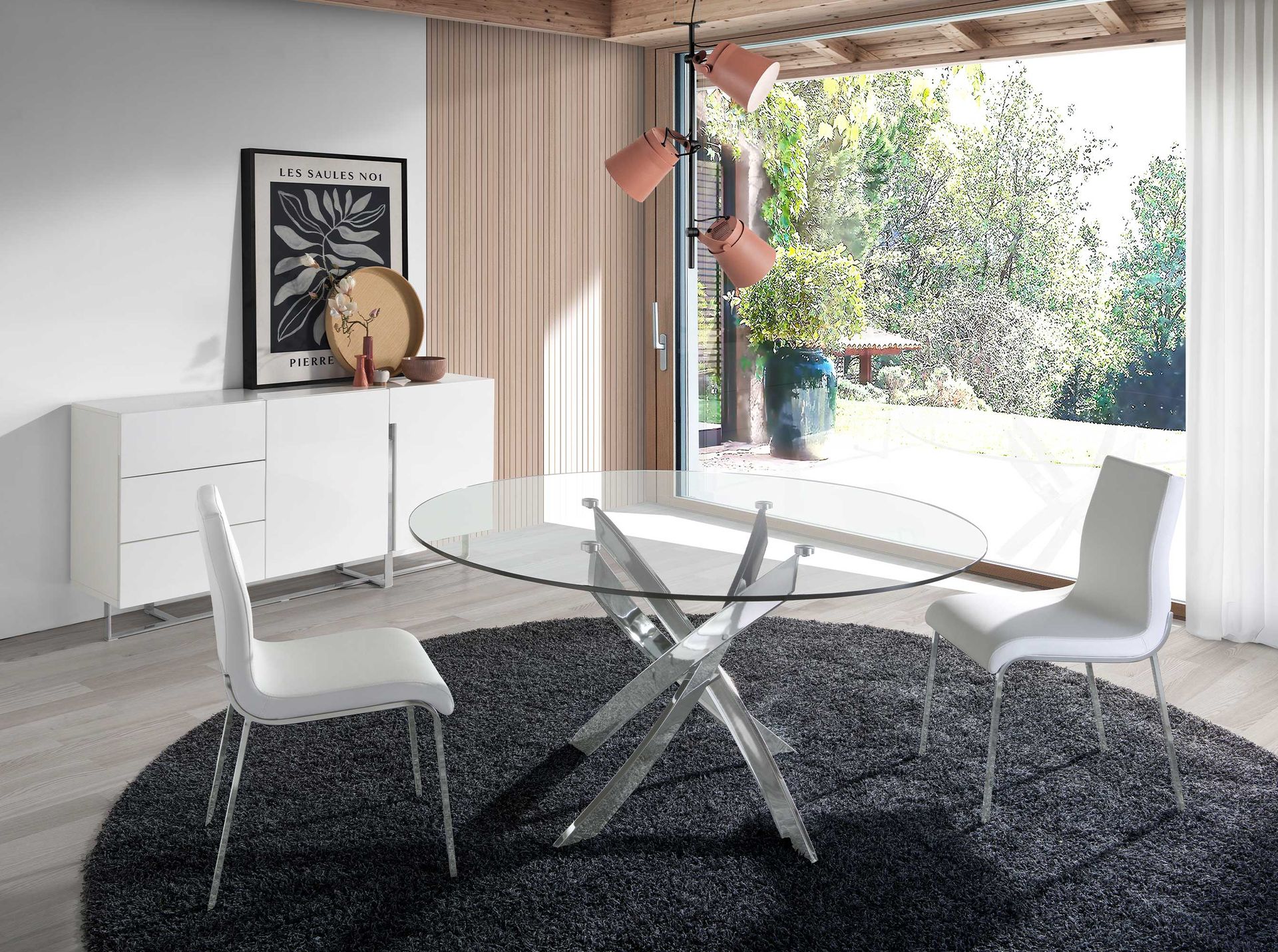 White wood and chrome-plated steel sideboard