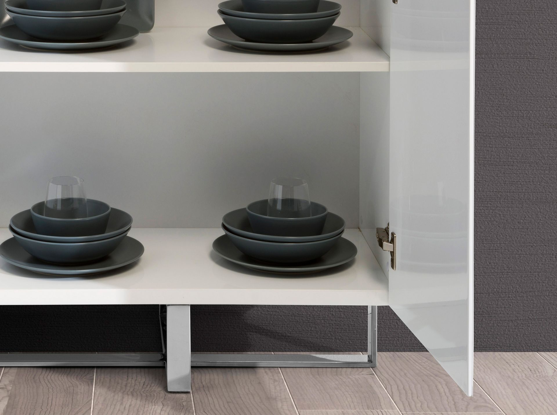 White wood and chrome-plated steel tall sideboard