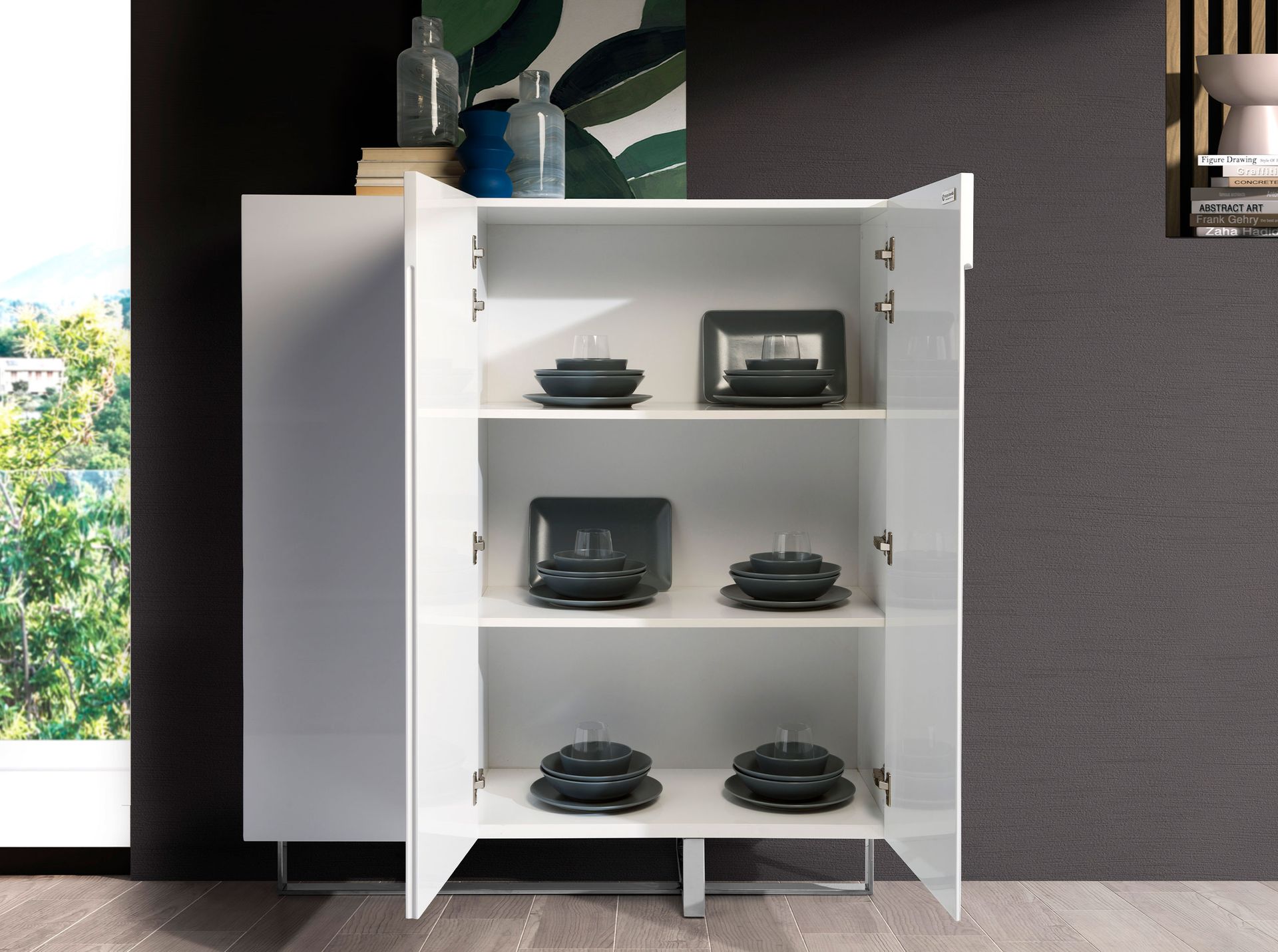 White wood and chrome-plated steel tall sideboard