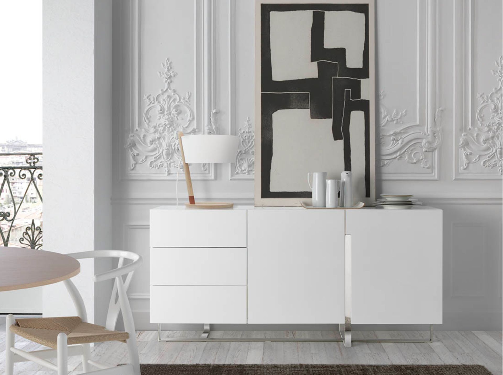 White wood and chrome-plated steel sideboard