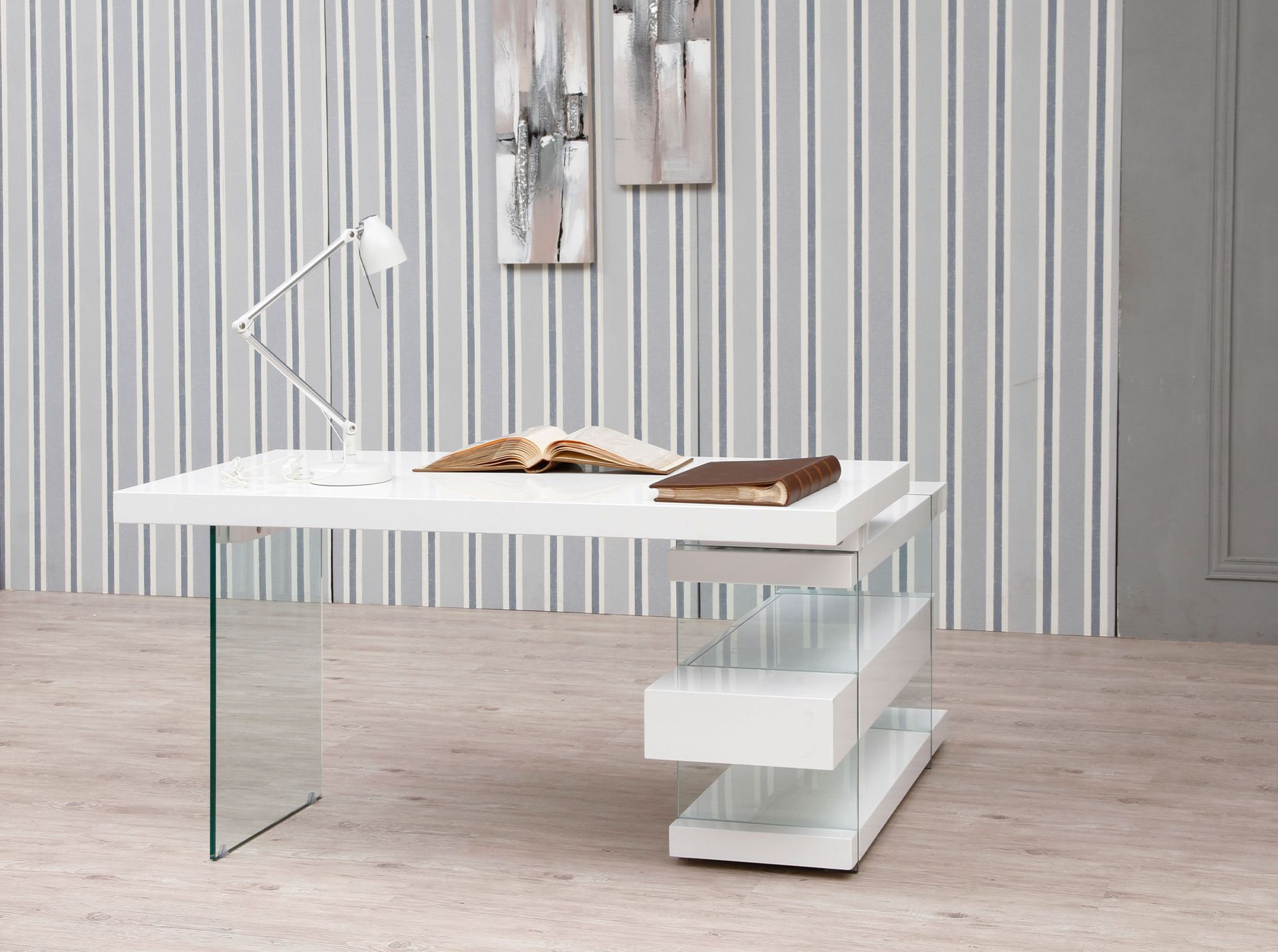 White wood and tempered glass desk