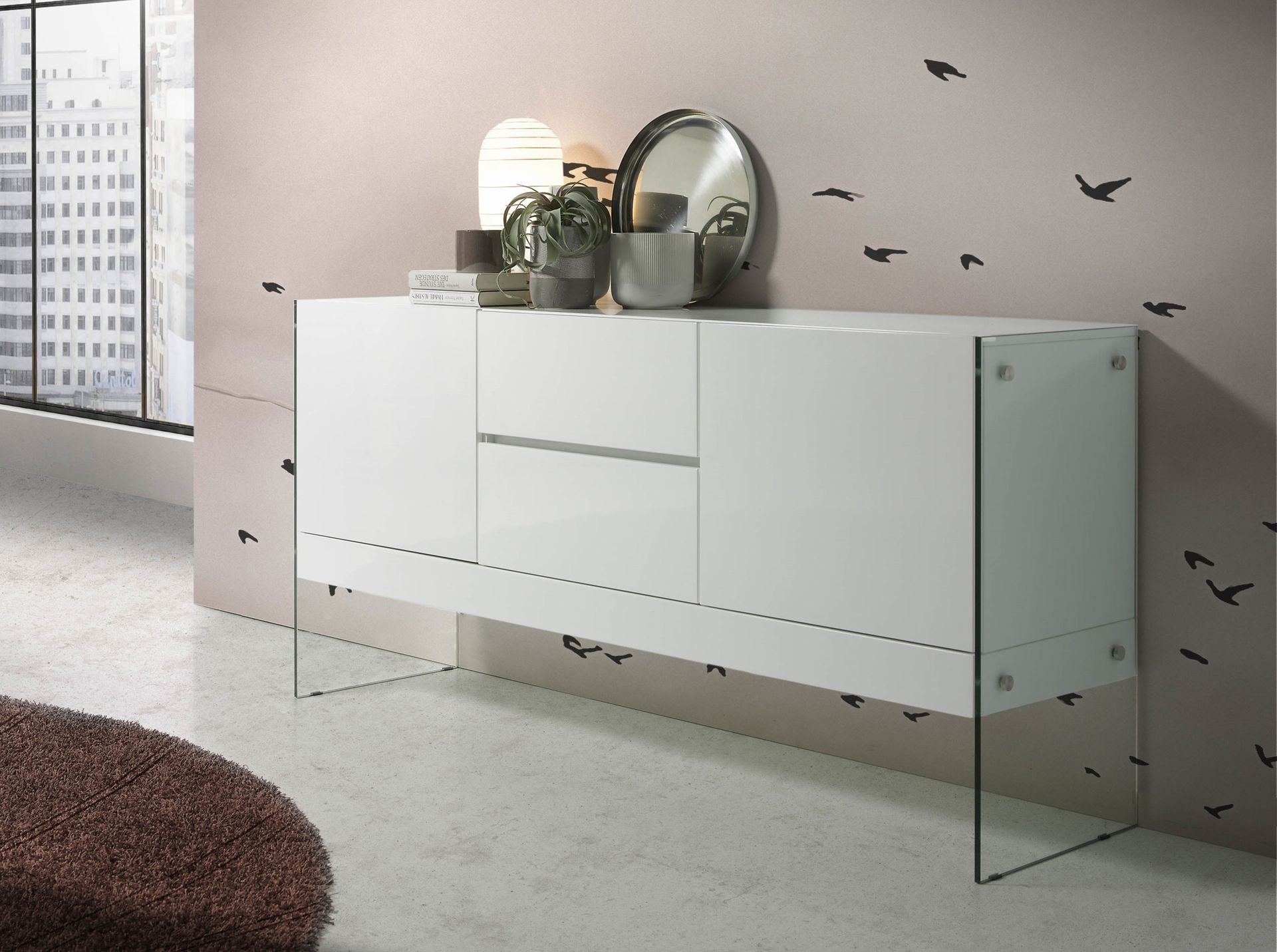 White wood and tempered glass sideboard