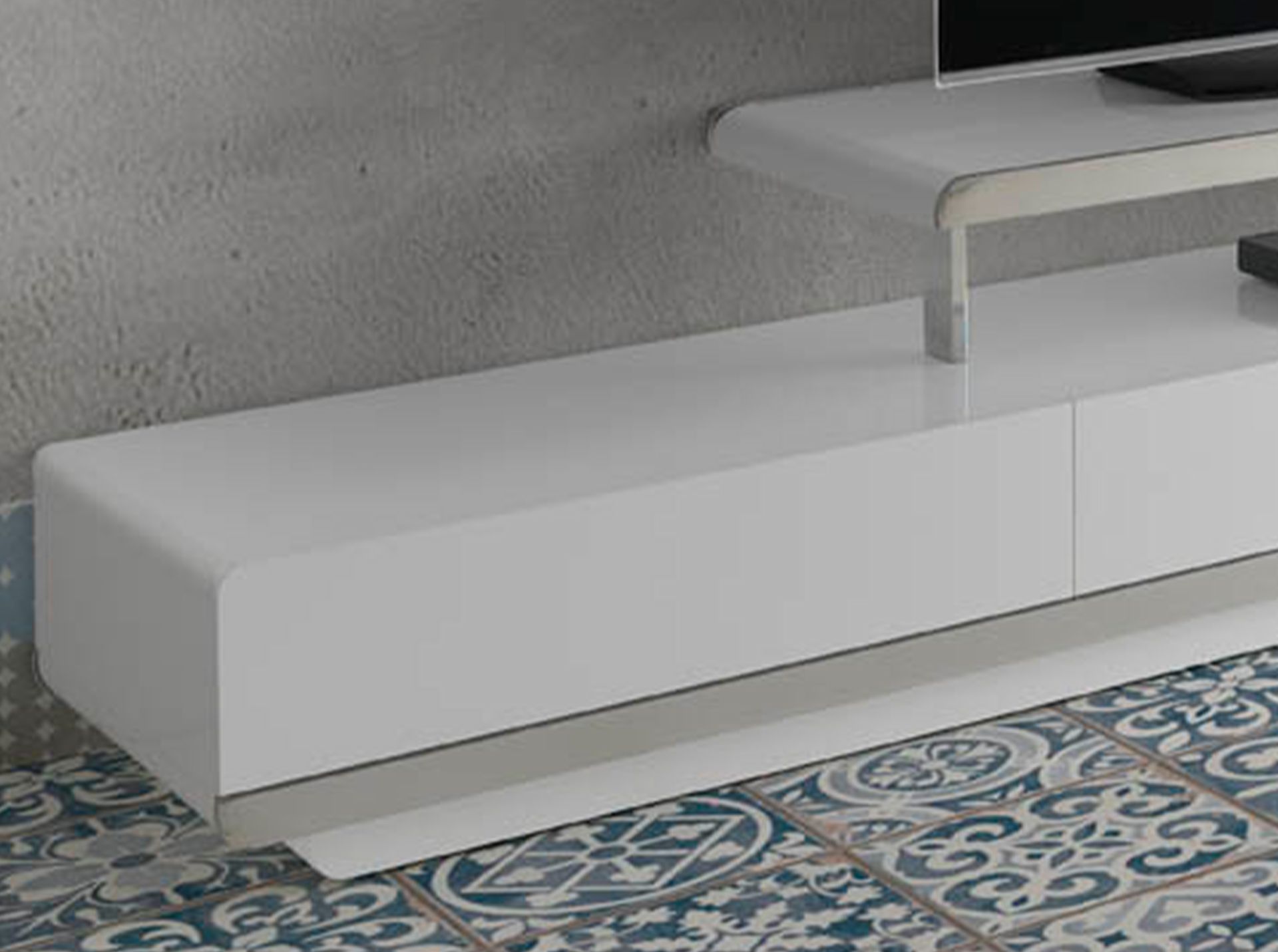 White wooden TV stand with chromed steel base and chromed steel base