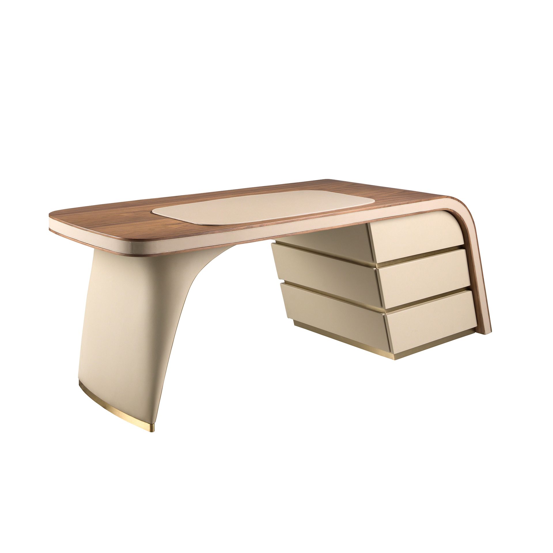 Writing desk in walnut and wood upholstered in cream leatherette