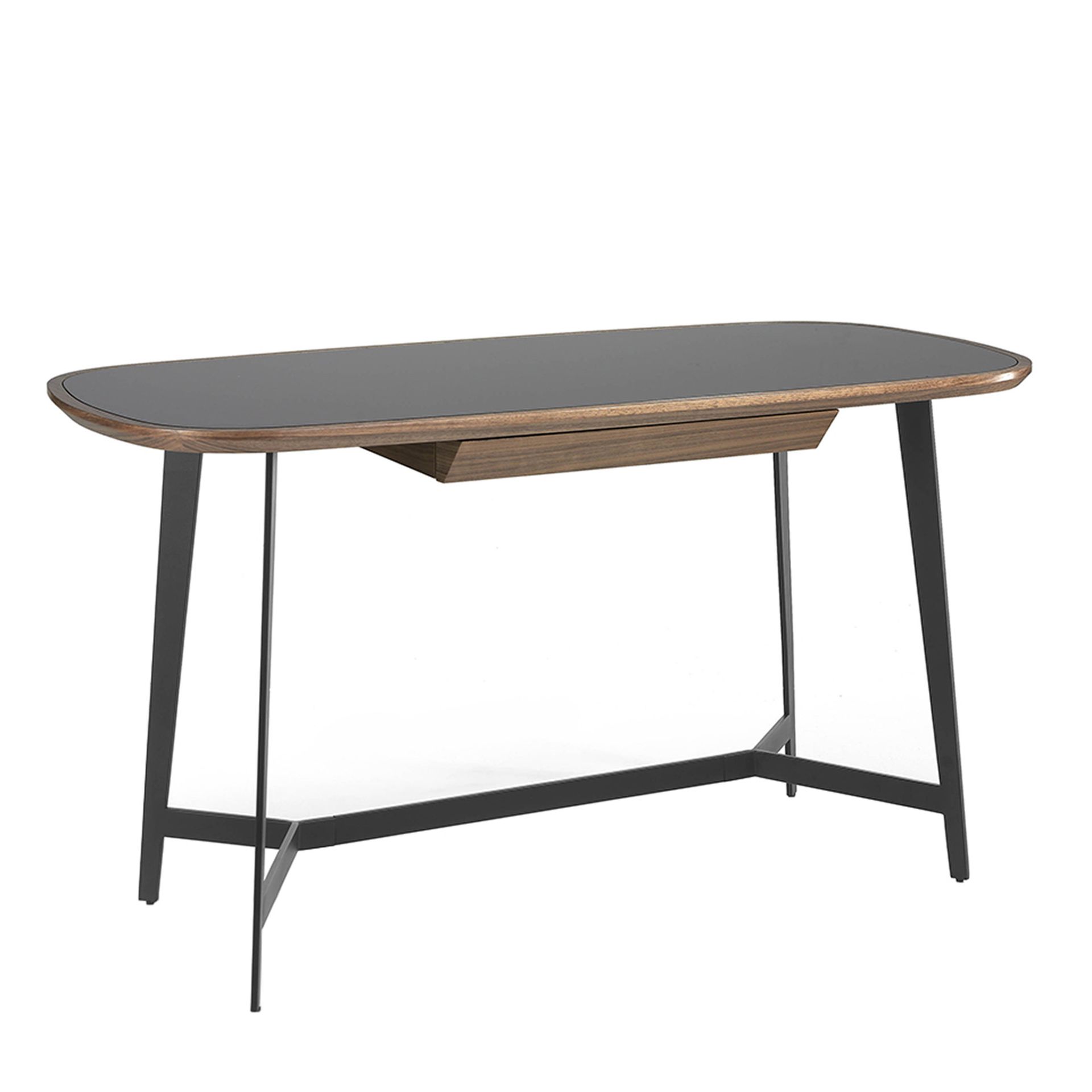 Writing desk walnut and black steel with black glass top