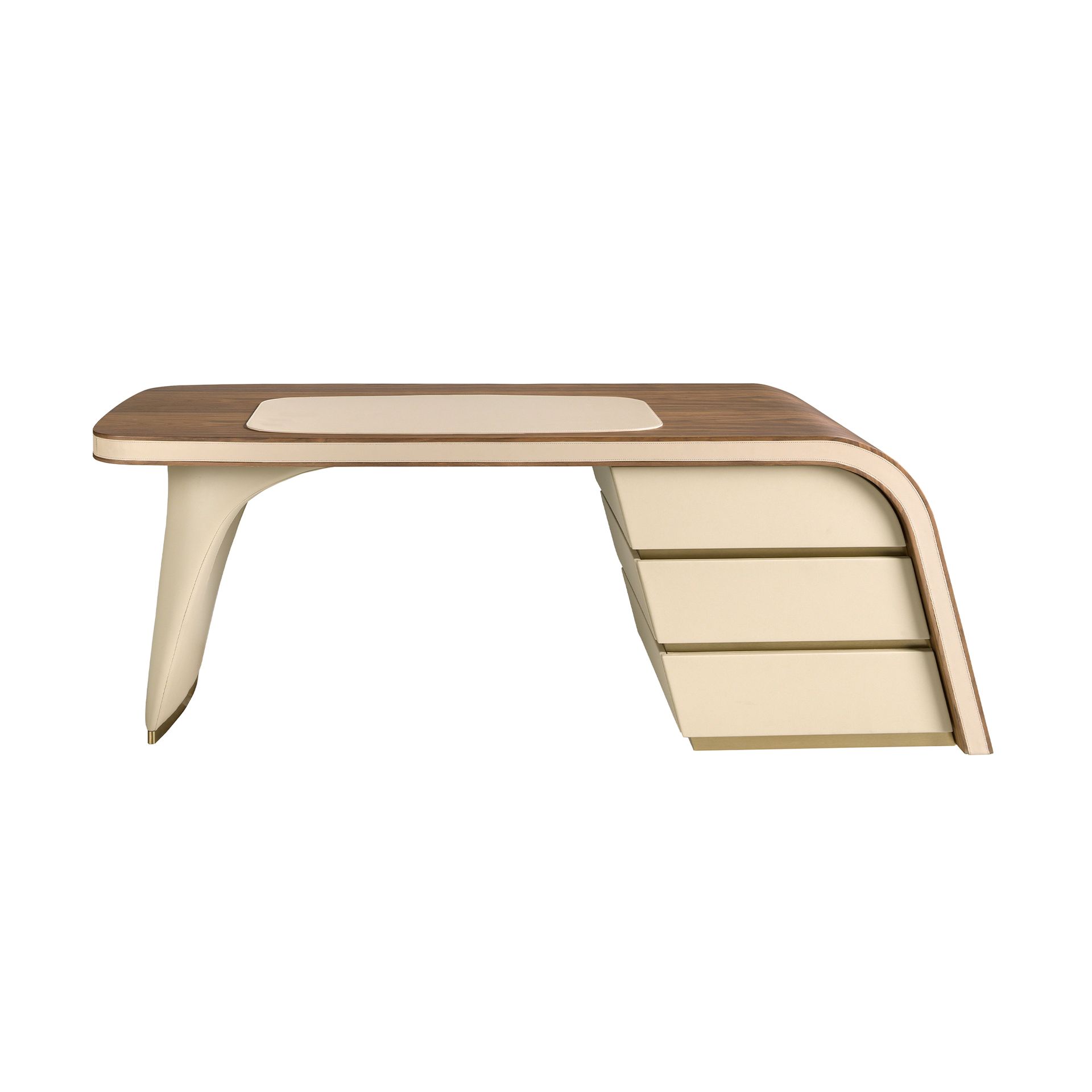 Writing desk in walnut and wood upholstered in cream leatherette