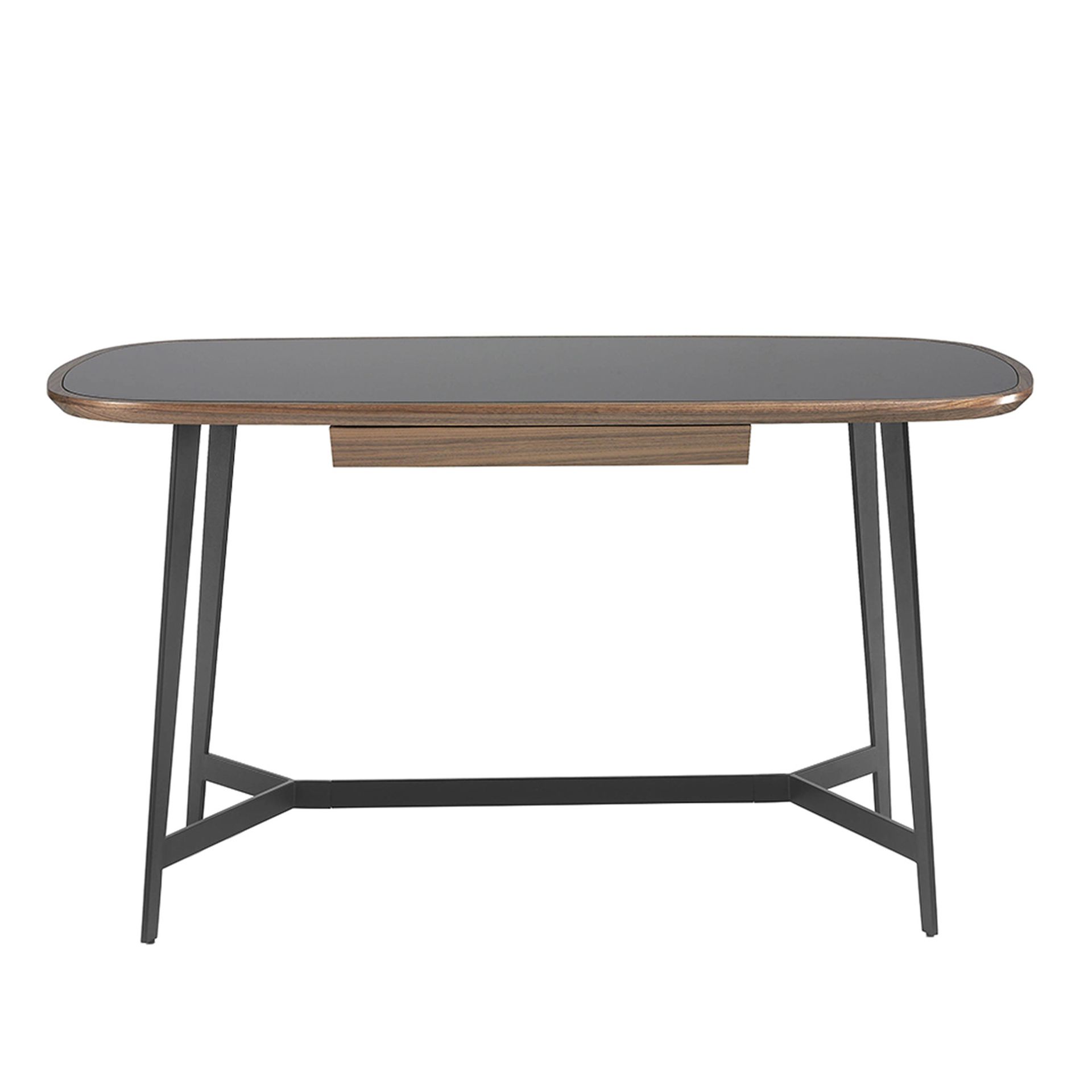 Writing desk walnut and black steel with black glass top