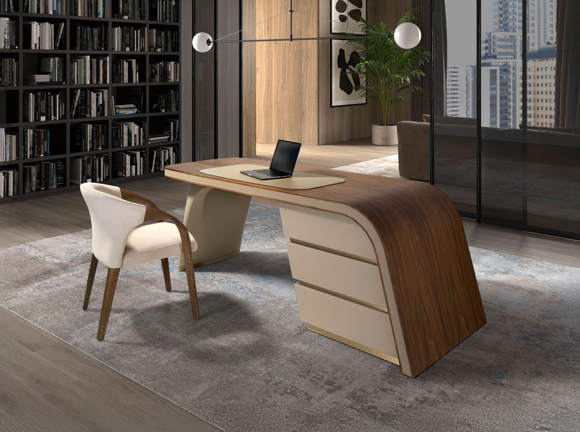 Writing desk in walnut and wood upholstered in cream leatherette
