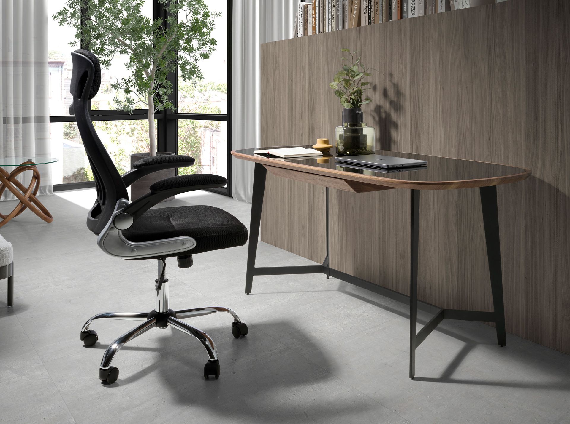 Writing desk walnut and black steel with black glass top