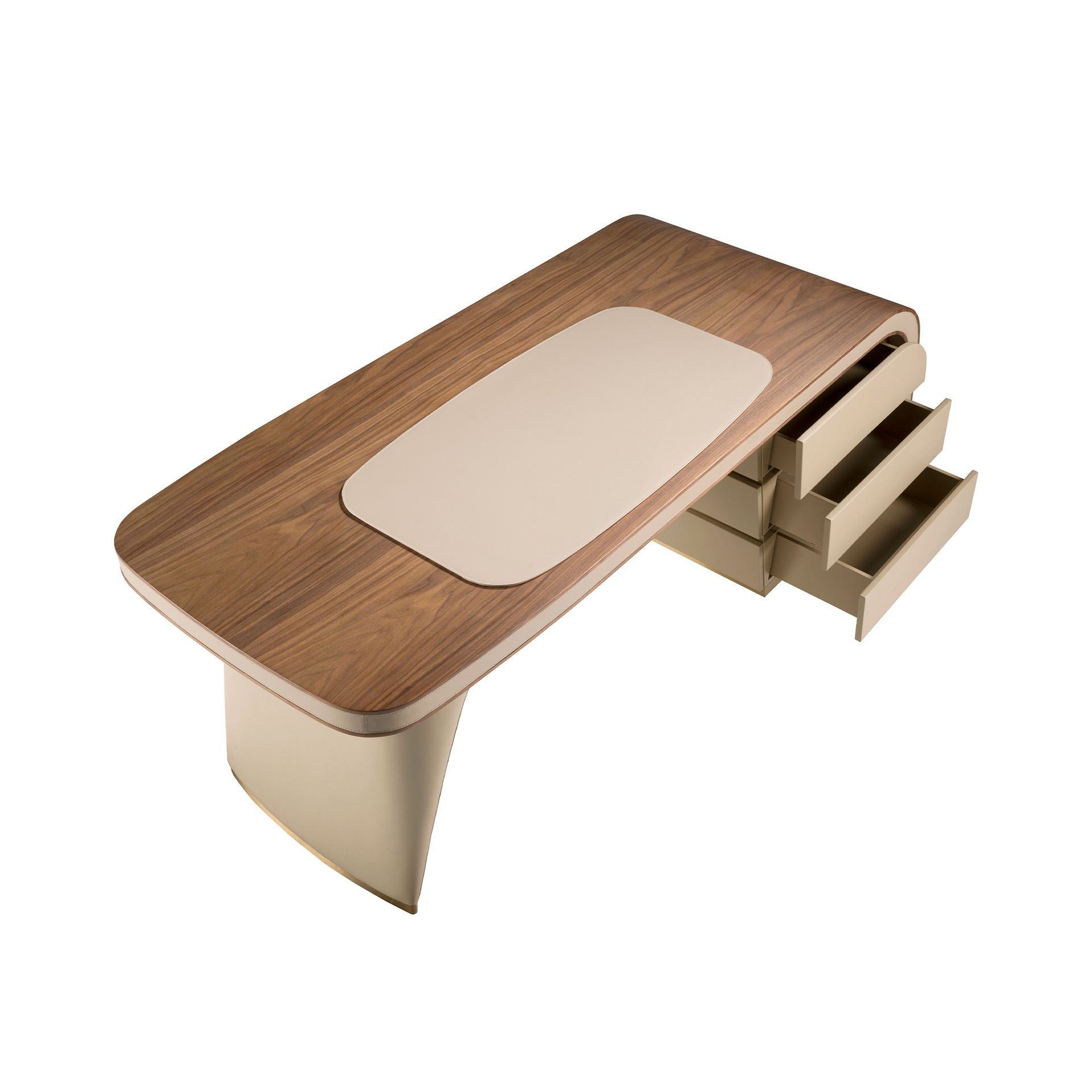 Writing desk in walnut and wood upholstered in cream leatherette