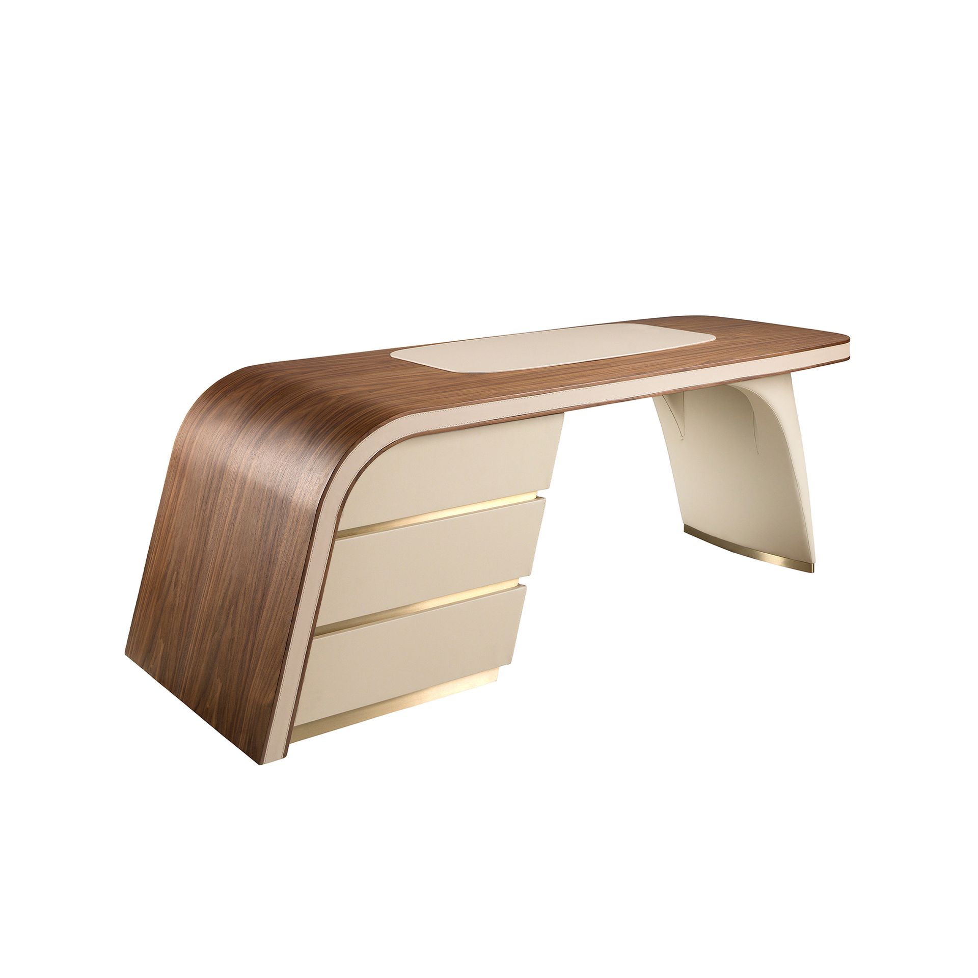 Writing desk in walnut and wood upholstered in cream leatherette