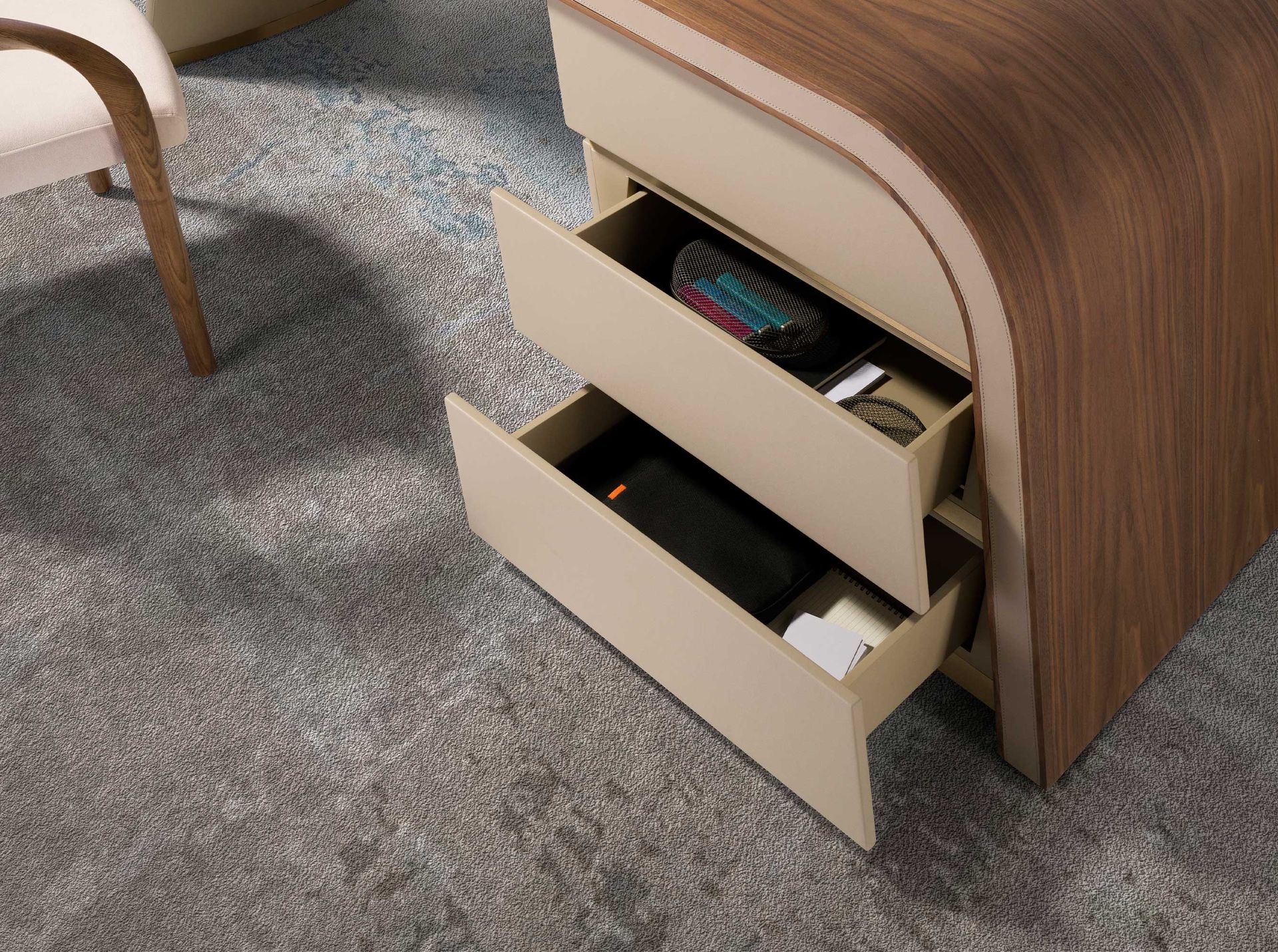 Writing desk in walnut and wood upholstered in cream leatherette