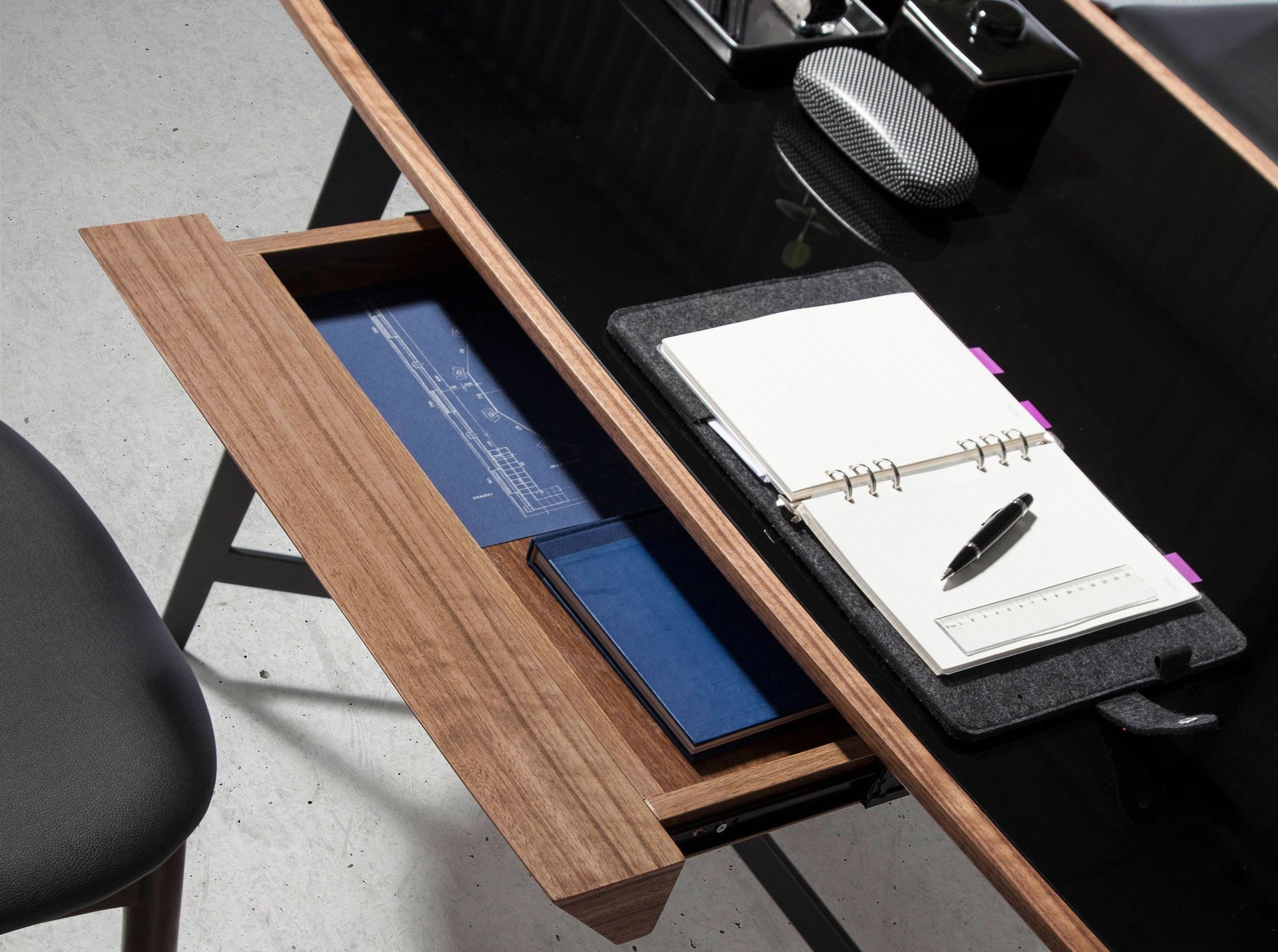 Writing desk walnut and black steel with black glass top