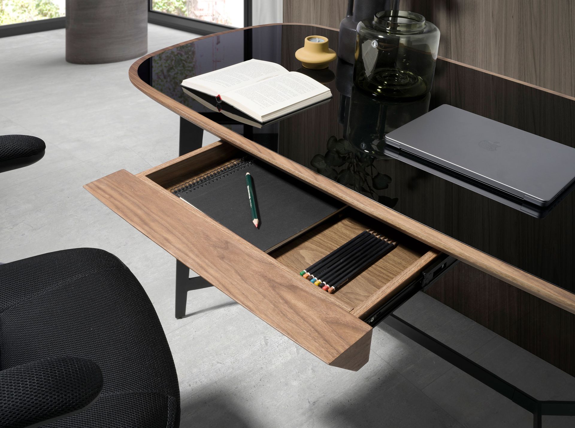 Writing desk walnut and black steel with black glass top