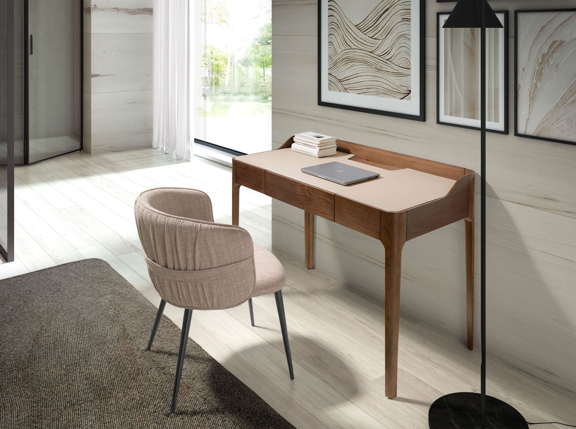 Writing desk with leatherette and walnut top