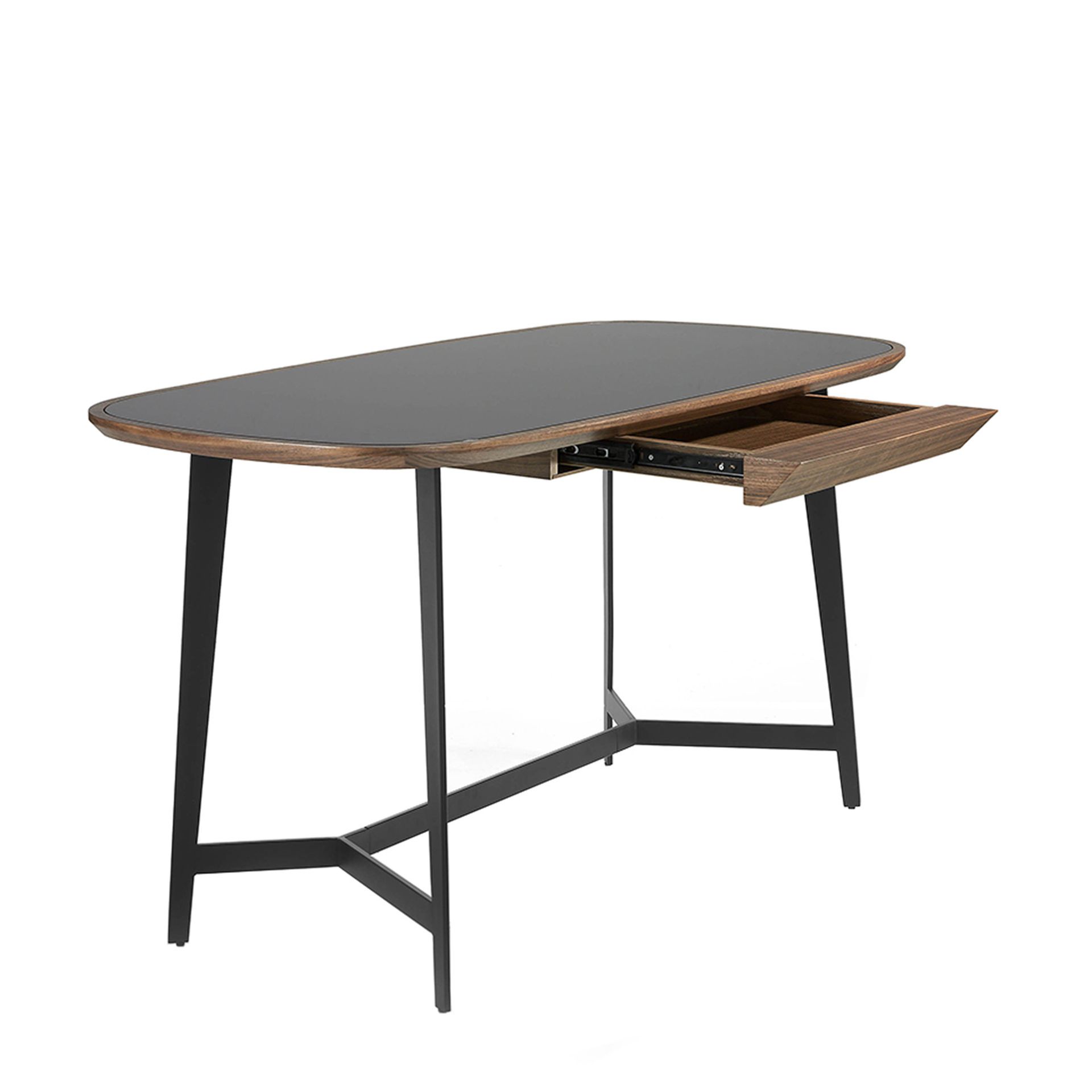 Writing desk walnut and black steel with black glass top