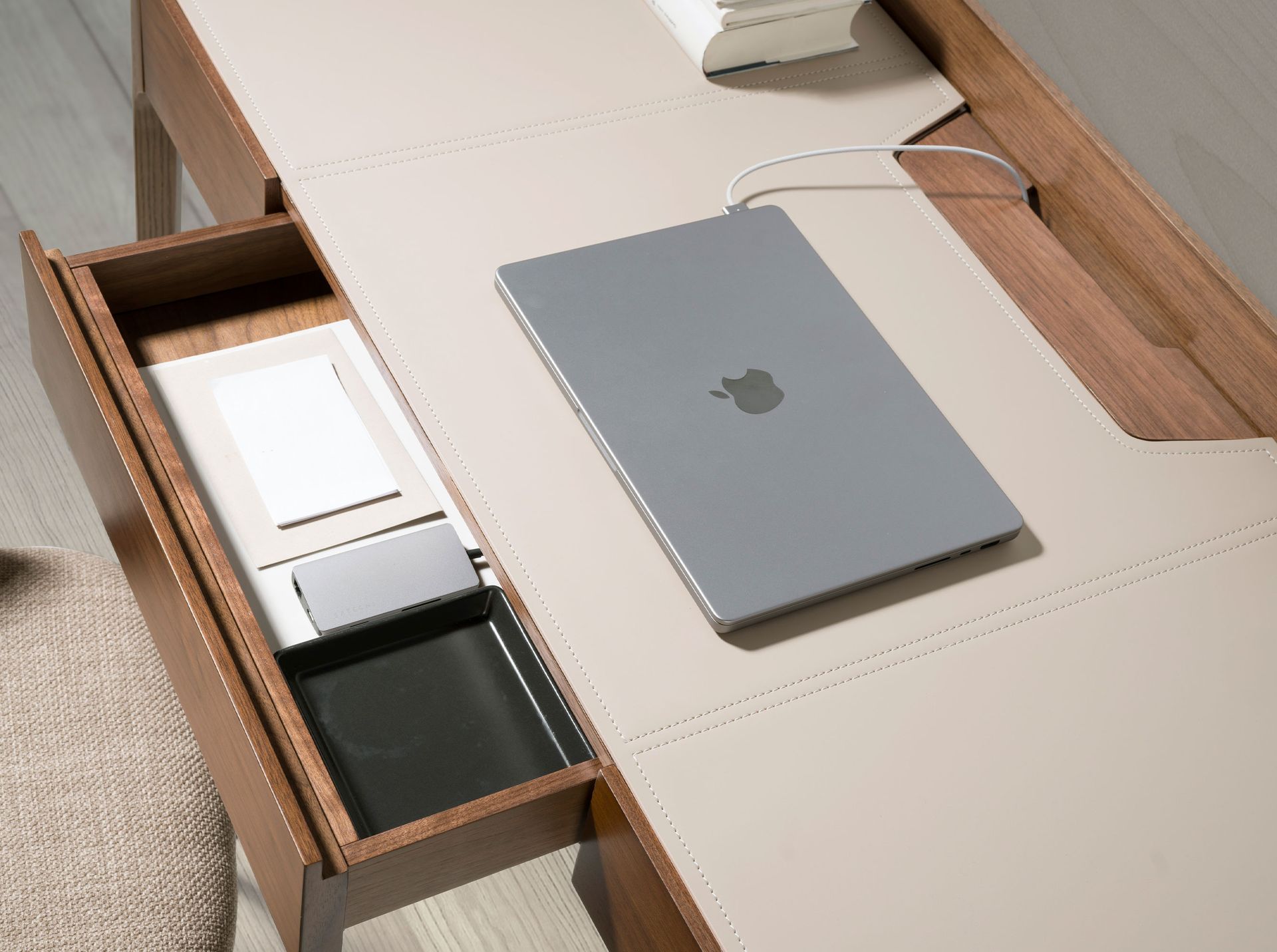 Writing desk with leatherette and walnut top