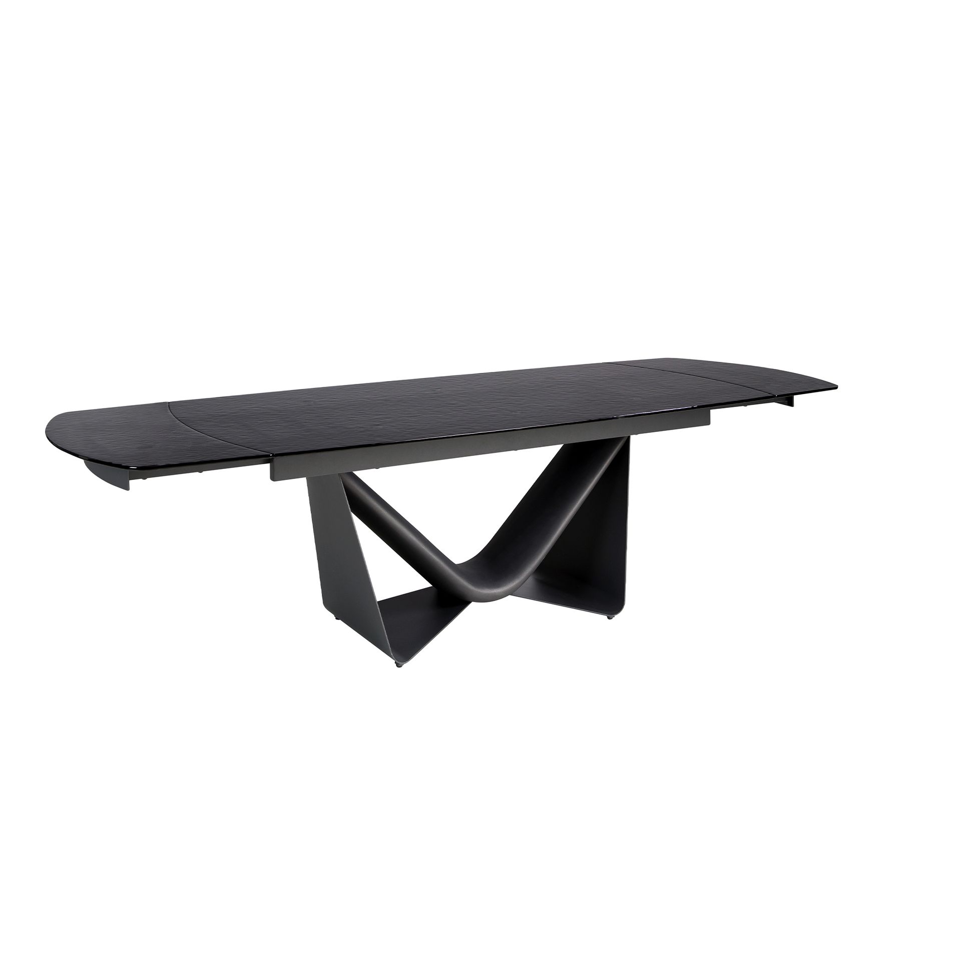 Extendable barrel oval dining table in black glass, steel, dark grey fiberglass and metal