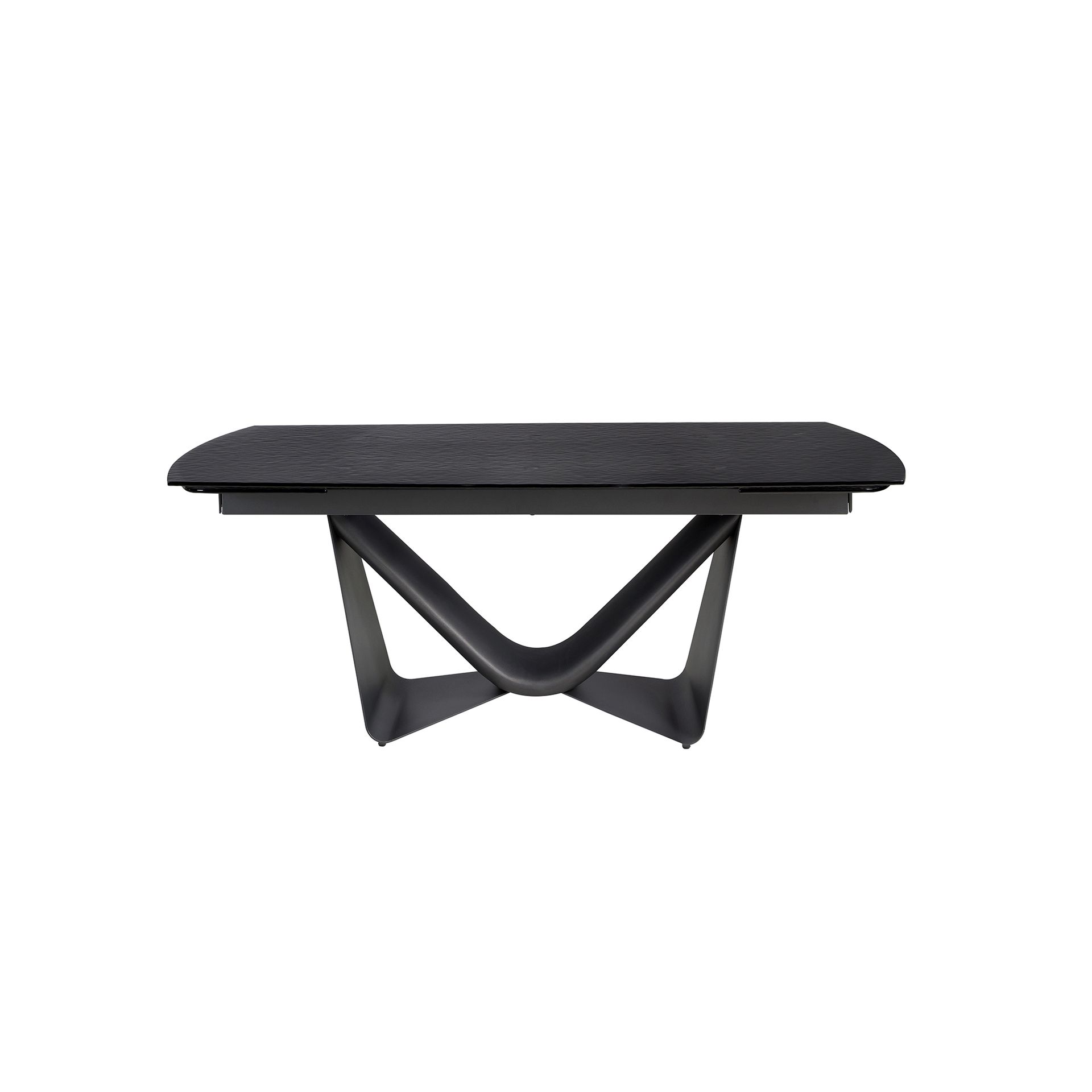 Extendable barrel oval dining table in black glass, steel, dark grey fiberglass and metal