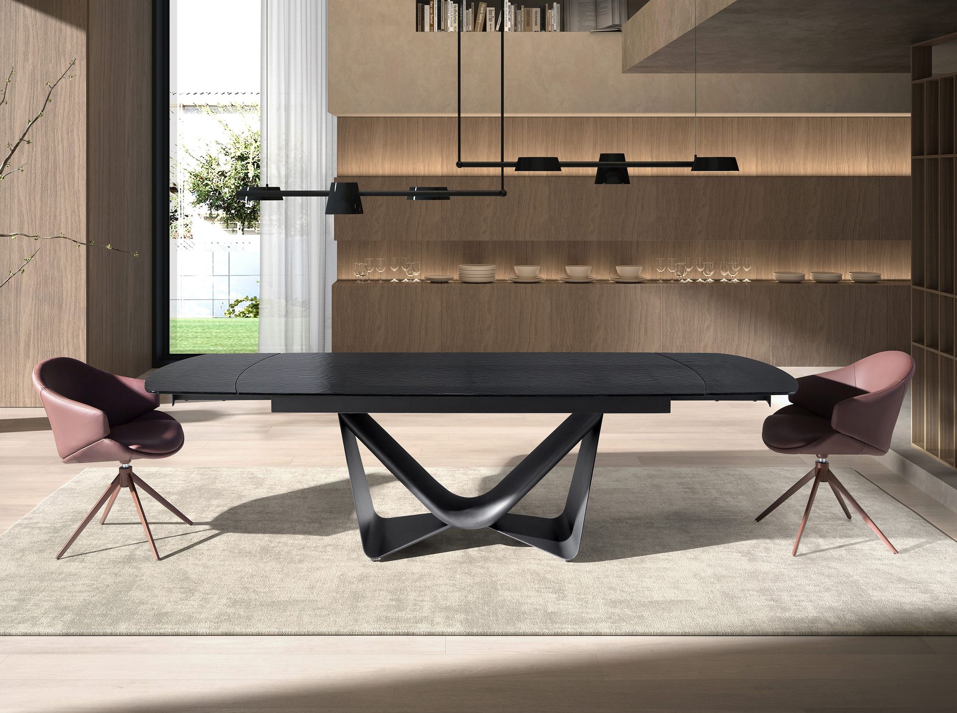 Extendable barrel oval dining table in black glass, steel, dark grey fiberglass and metal