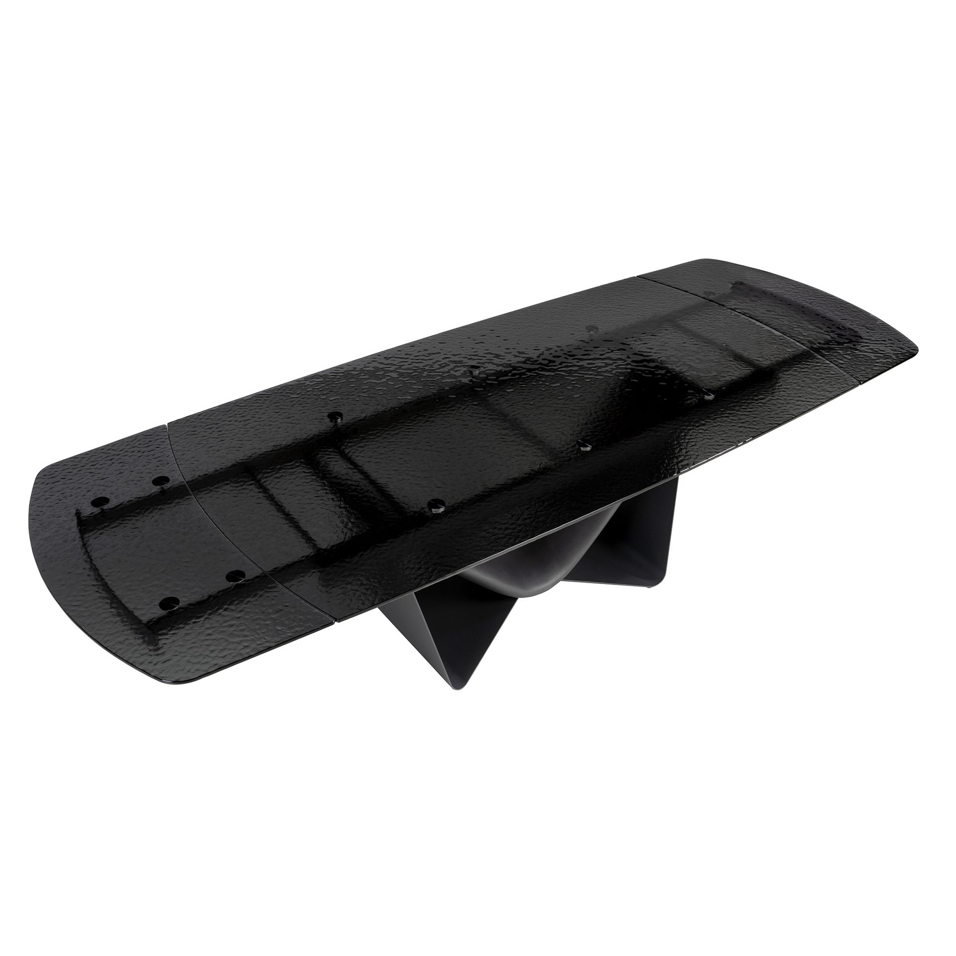 Extendable barrel oval dining table in black glass, steel, dark grey fiberglass and metal