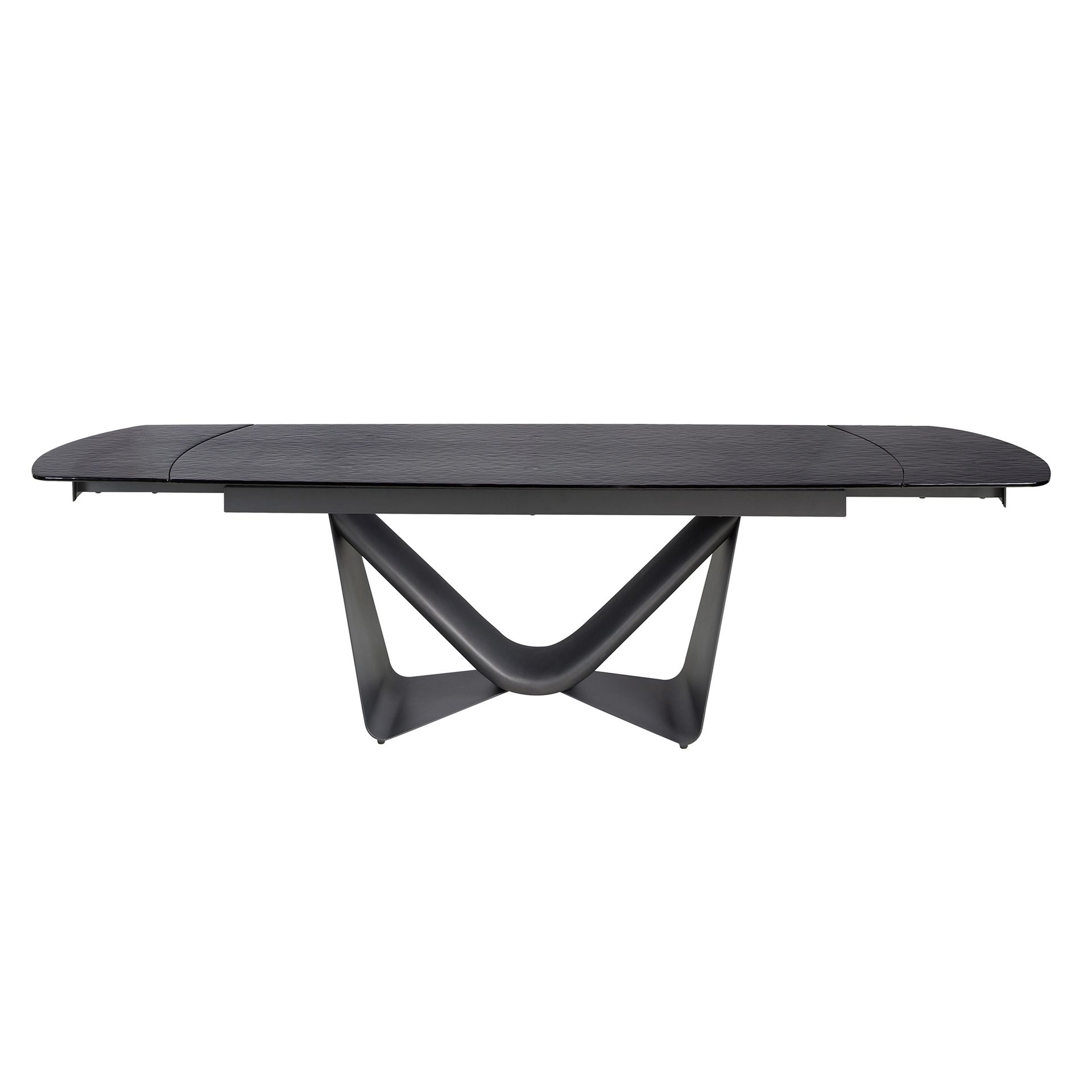 Extendable barrel oval dining table in black glass, steel, dark grey fiberglass and metal