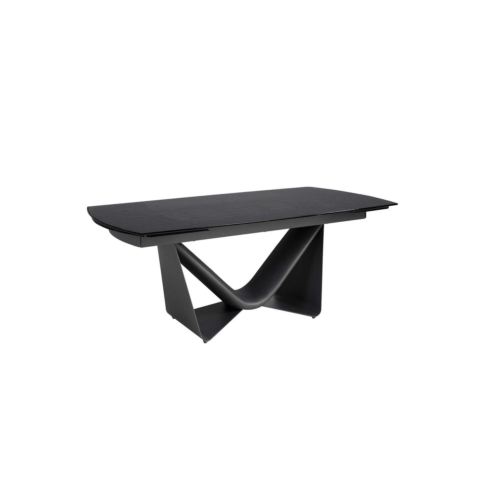 Extendable barrel oval dining table in black glass, steel, dark grey fiberglass and metal
