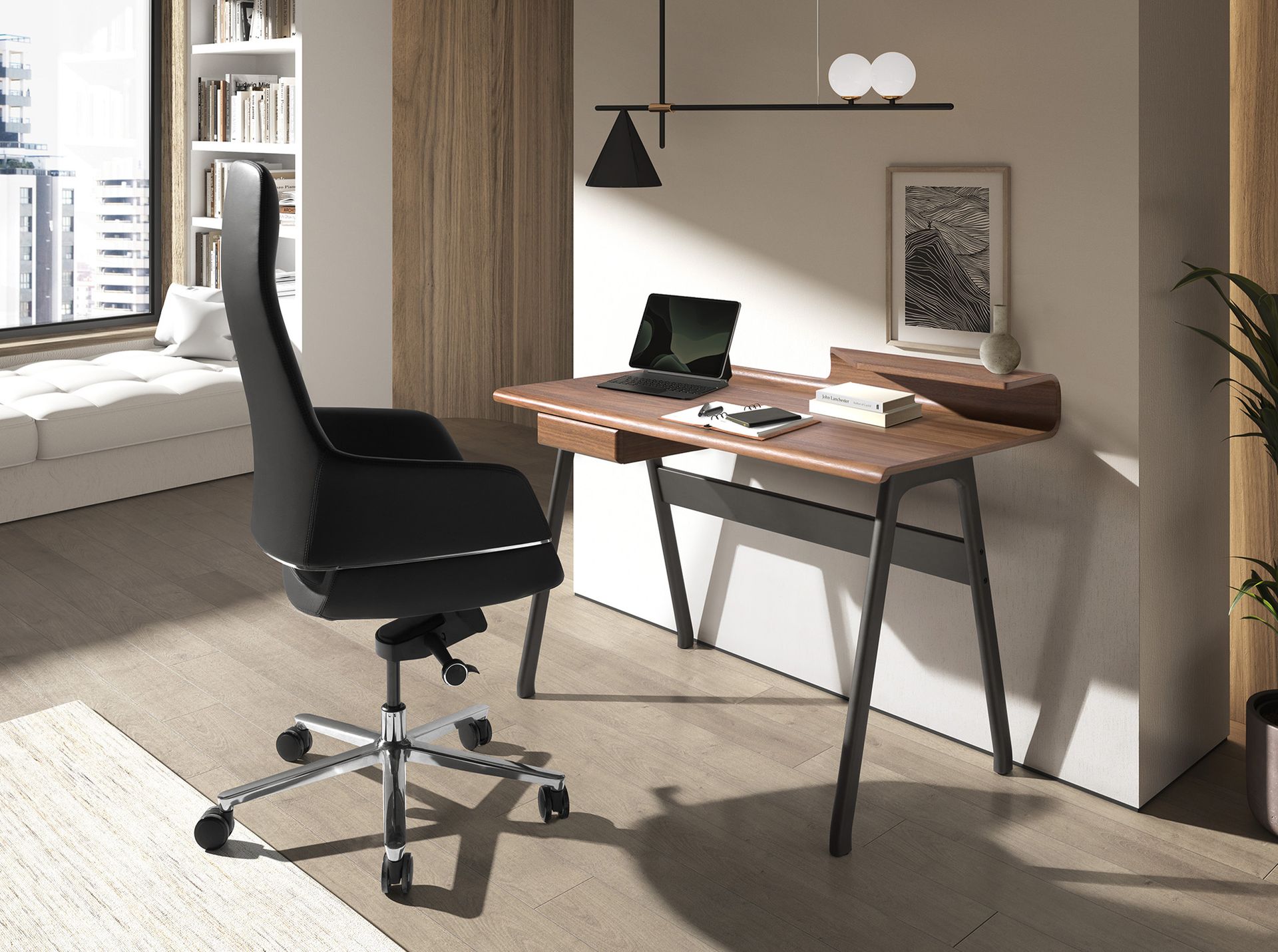 Walnut and dark grey metal-coloured fiberglass writing desk
