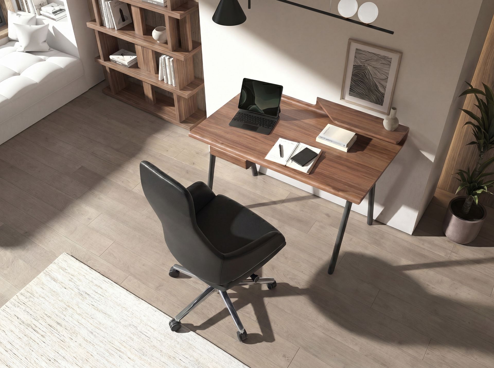 Walnut and dark grey metal-coloured fiberglass writing desk