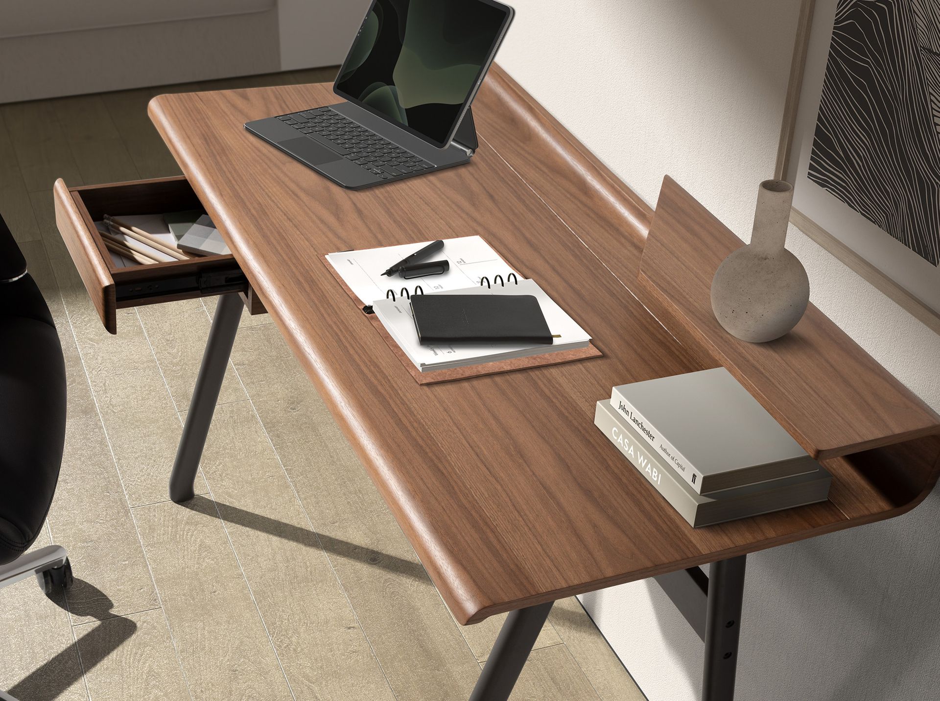 Walnut and dark grey metal-coloured fiberglass writing desk