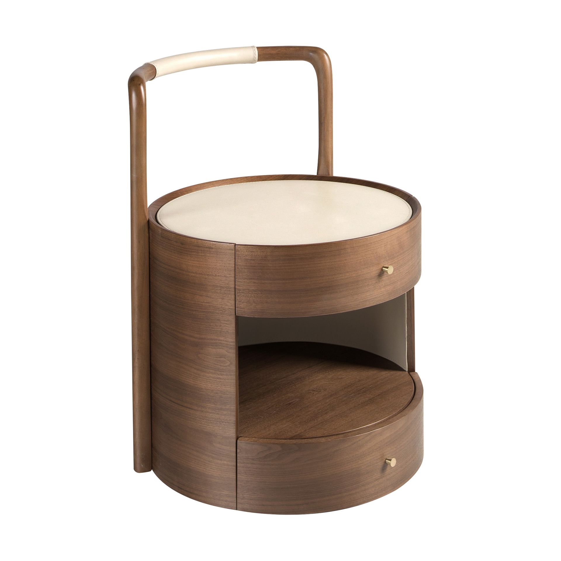 Walnut bedside table with wooden top upholstered in cream leatherette