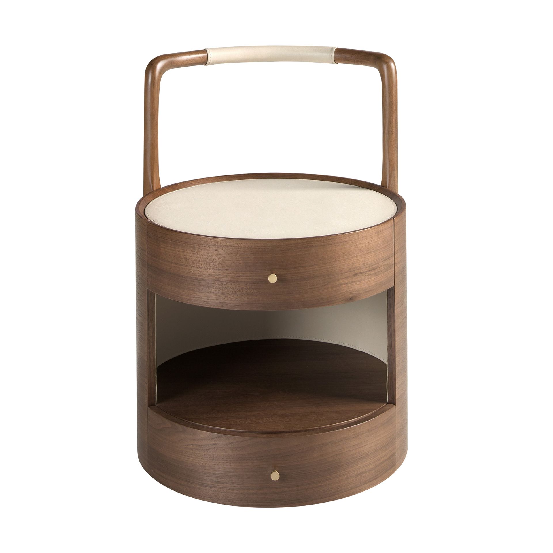 Walnut bedside table with wooden top upholstered in cream leatherette