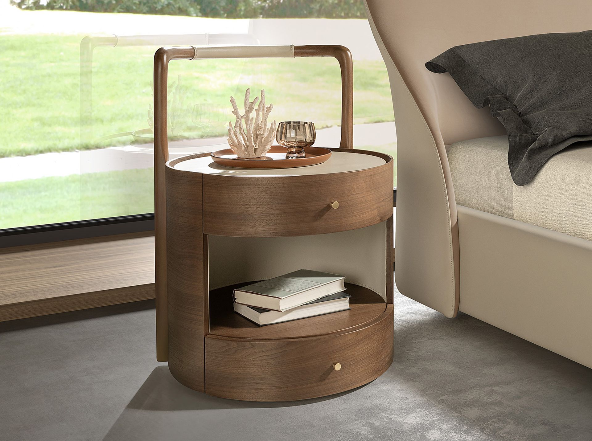 Walnut bedside table with wooden top upholstered in cream leatherette