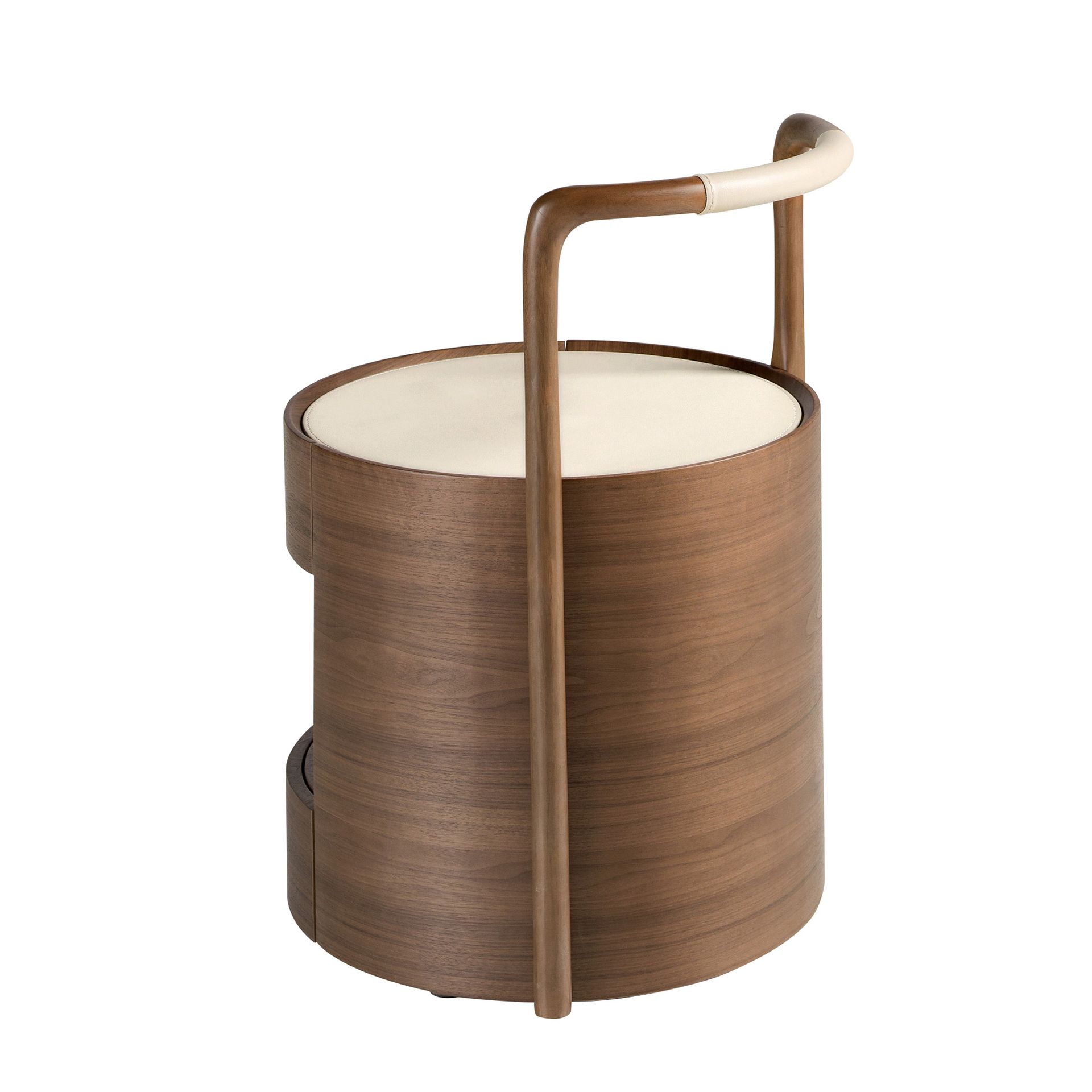 Walnut bedside table with wooden top upholstered in cream leatherette