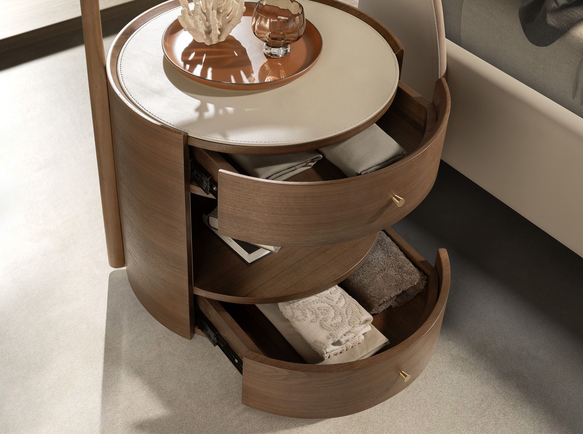 Walnut bedside table with wooden top upholstered in cream leatherette